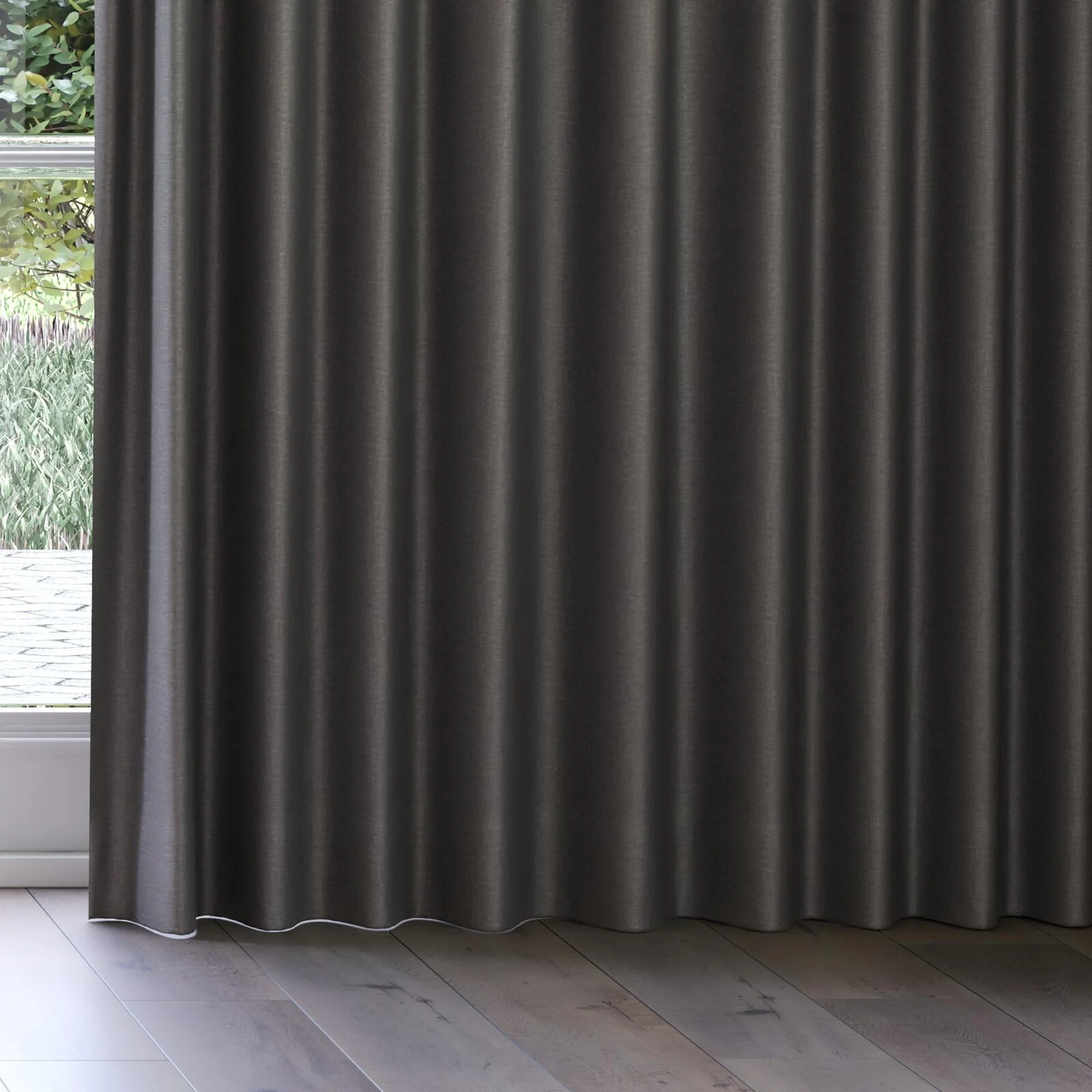 Bottom view of Eclipse FR Blackout Charcoal, on curtain rail