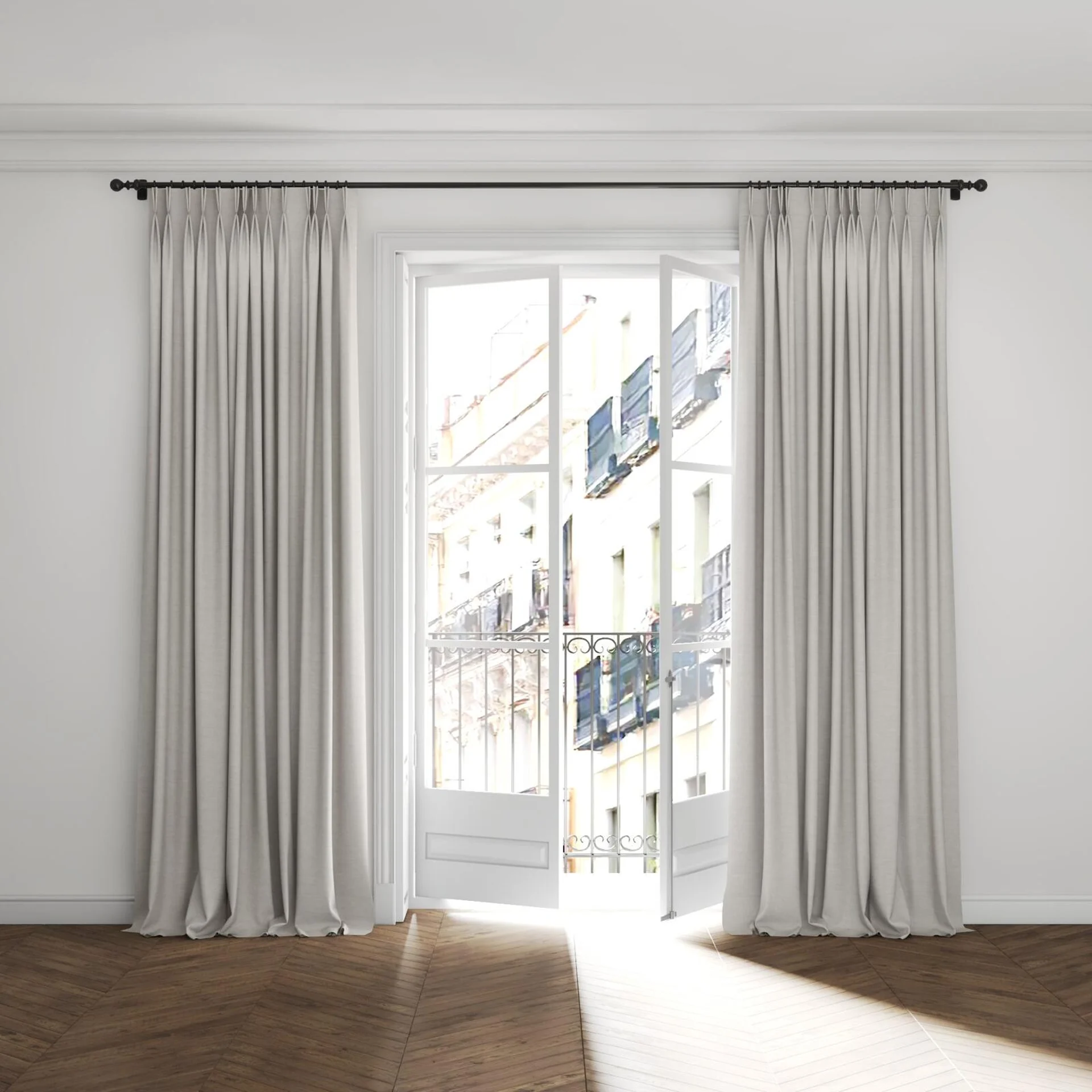 Full view of Drama Silver, puddled with pinch pleat, on curtain rod