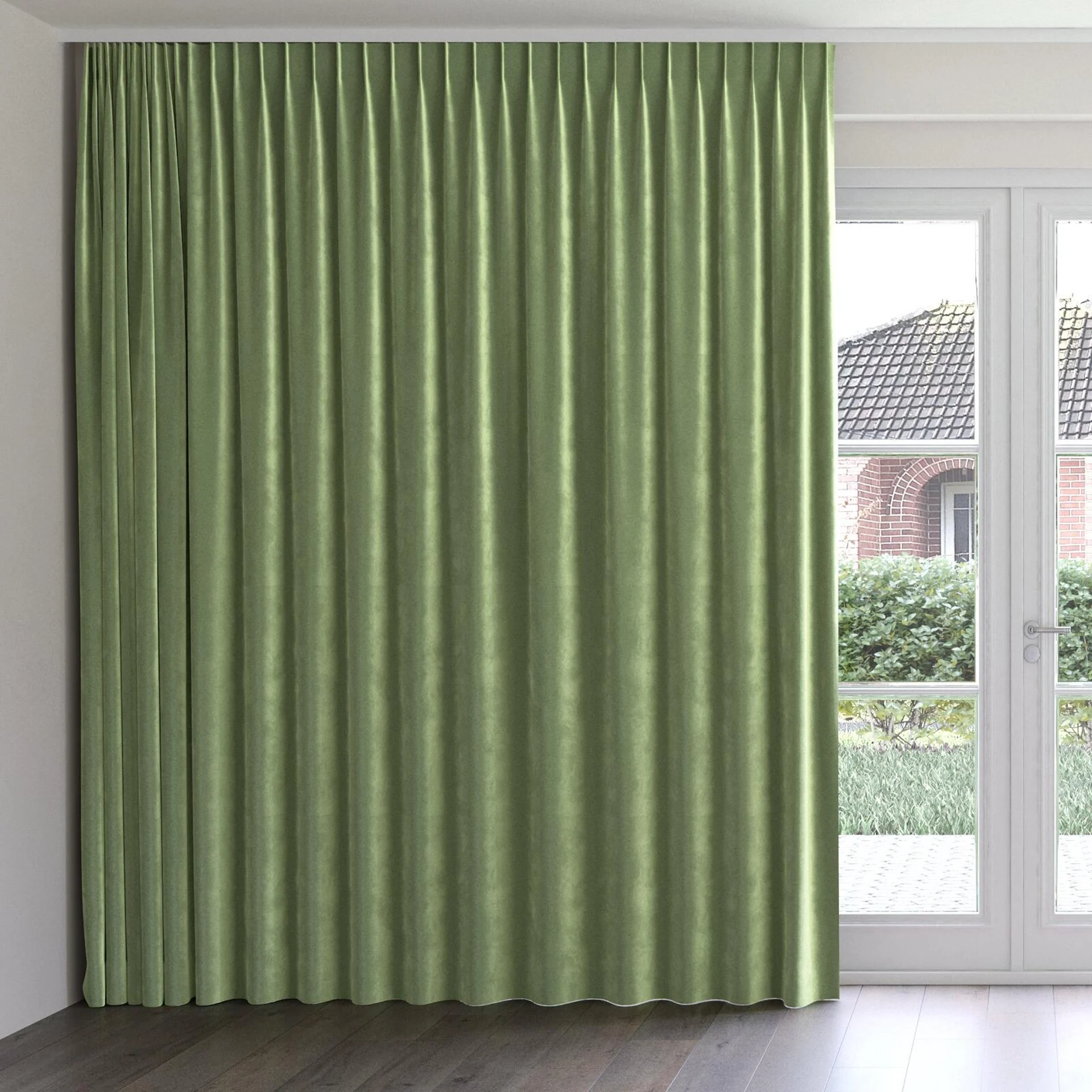 Front view of Velvelux Matcha, on curtain rail