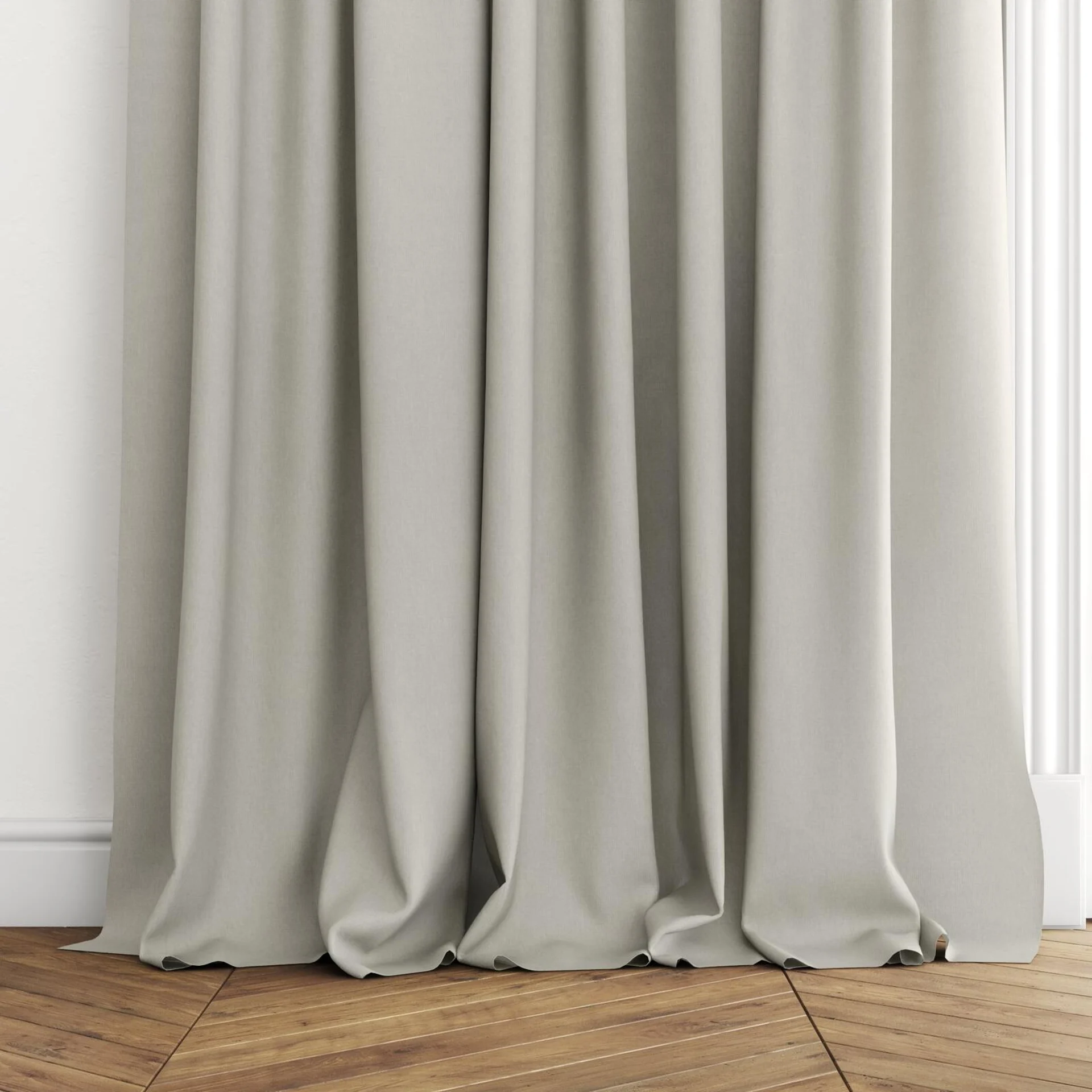 Bottom view of Ophelia Taupe, puddled with pinch pleat, on curtain rod