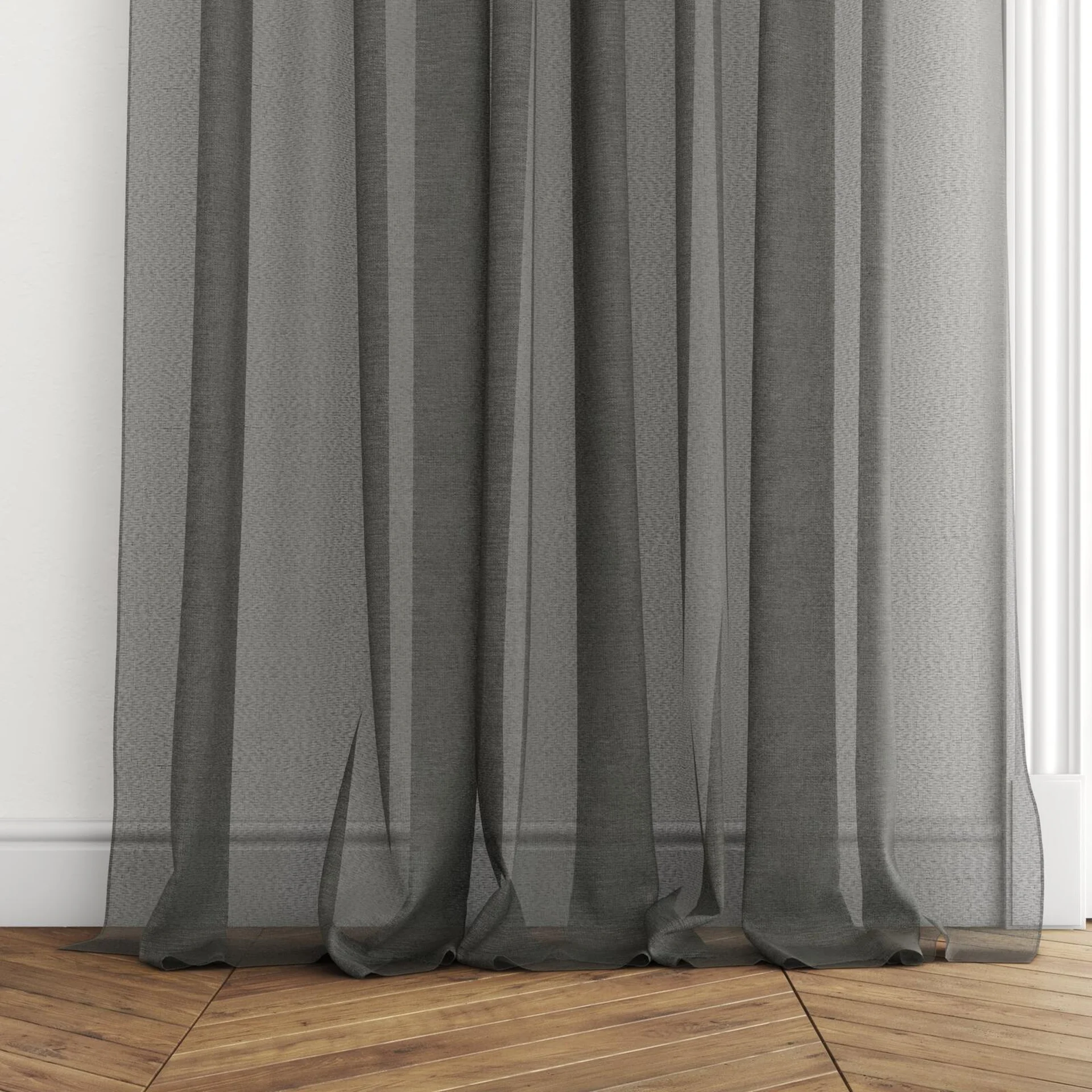 Bottom view of Realism Charcoal, puddled with pinch pleat, on curtain rod