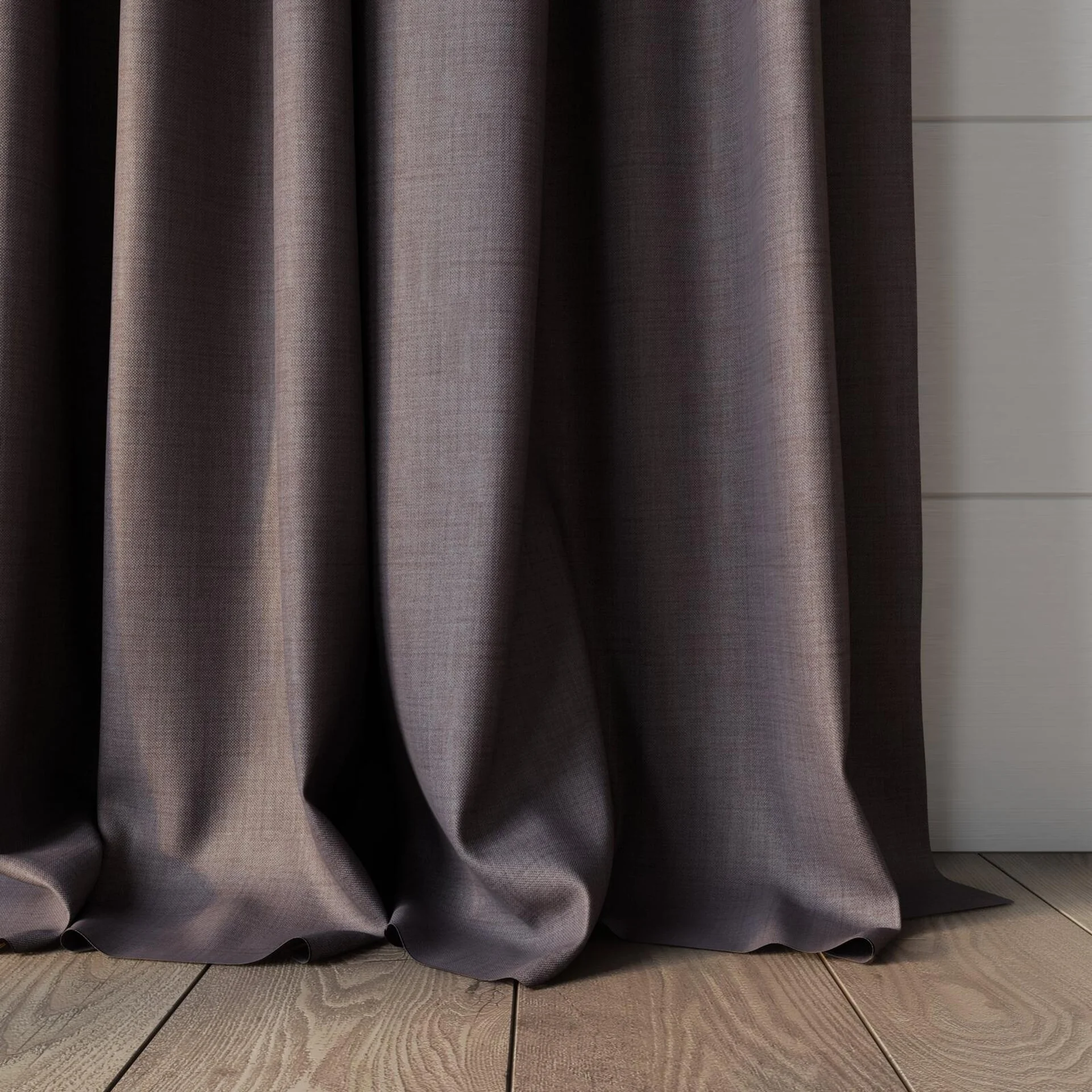 Bottom view of Loci Dim Out Mauve, puddled, on curtain rod