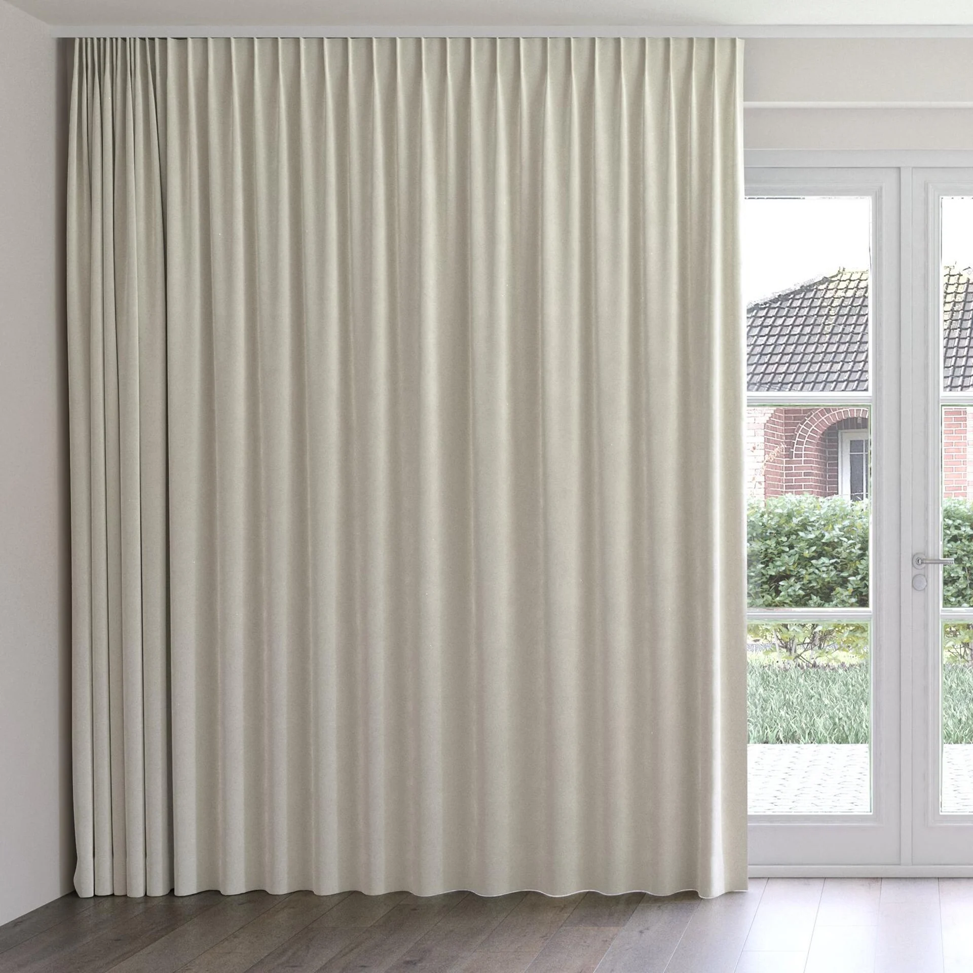 Front view of Velvelux Nougat, on curtain rail