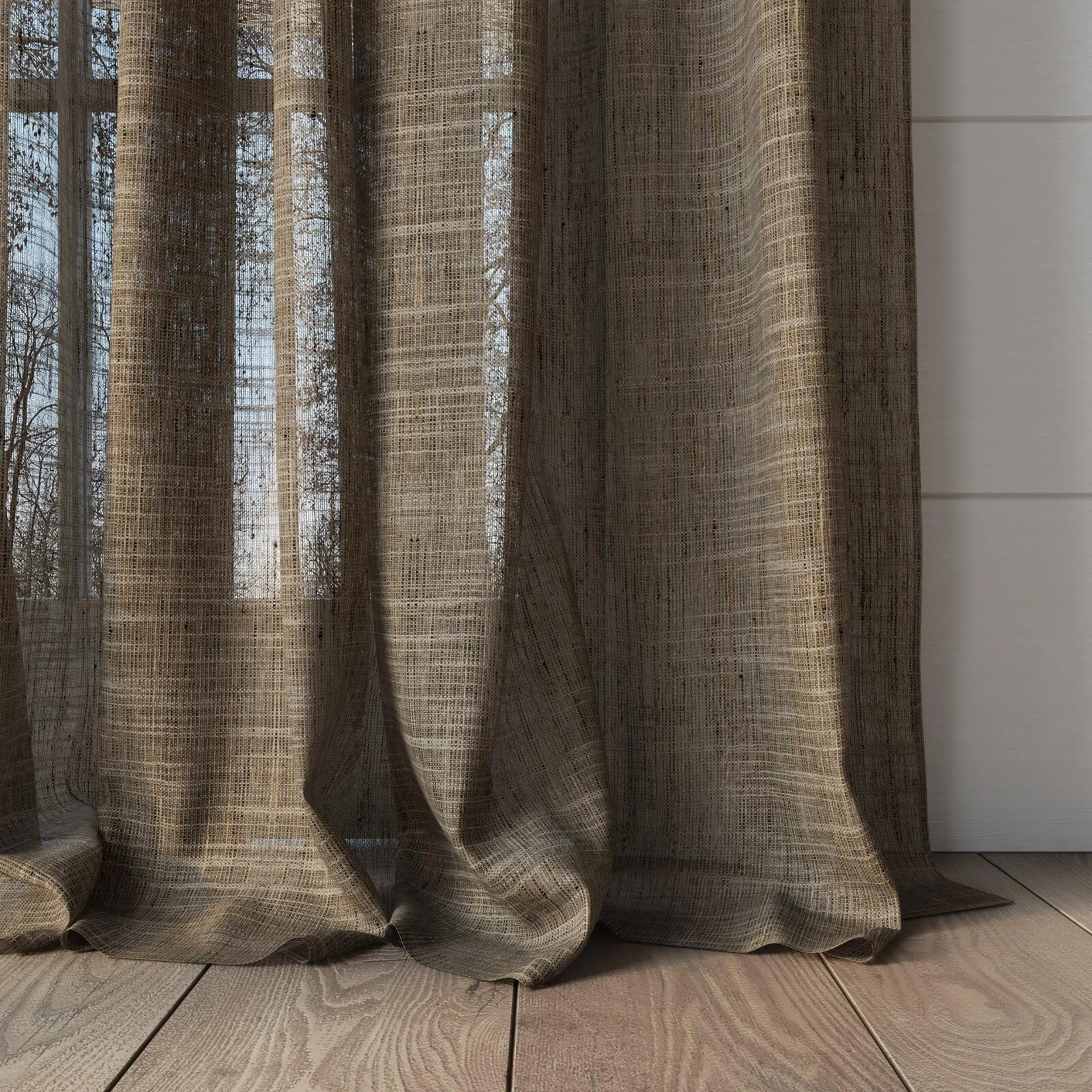 Bottom view of Zip Wood, puddled, on curtain rod