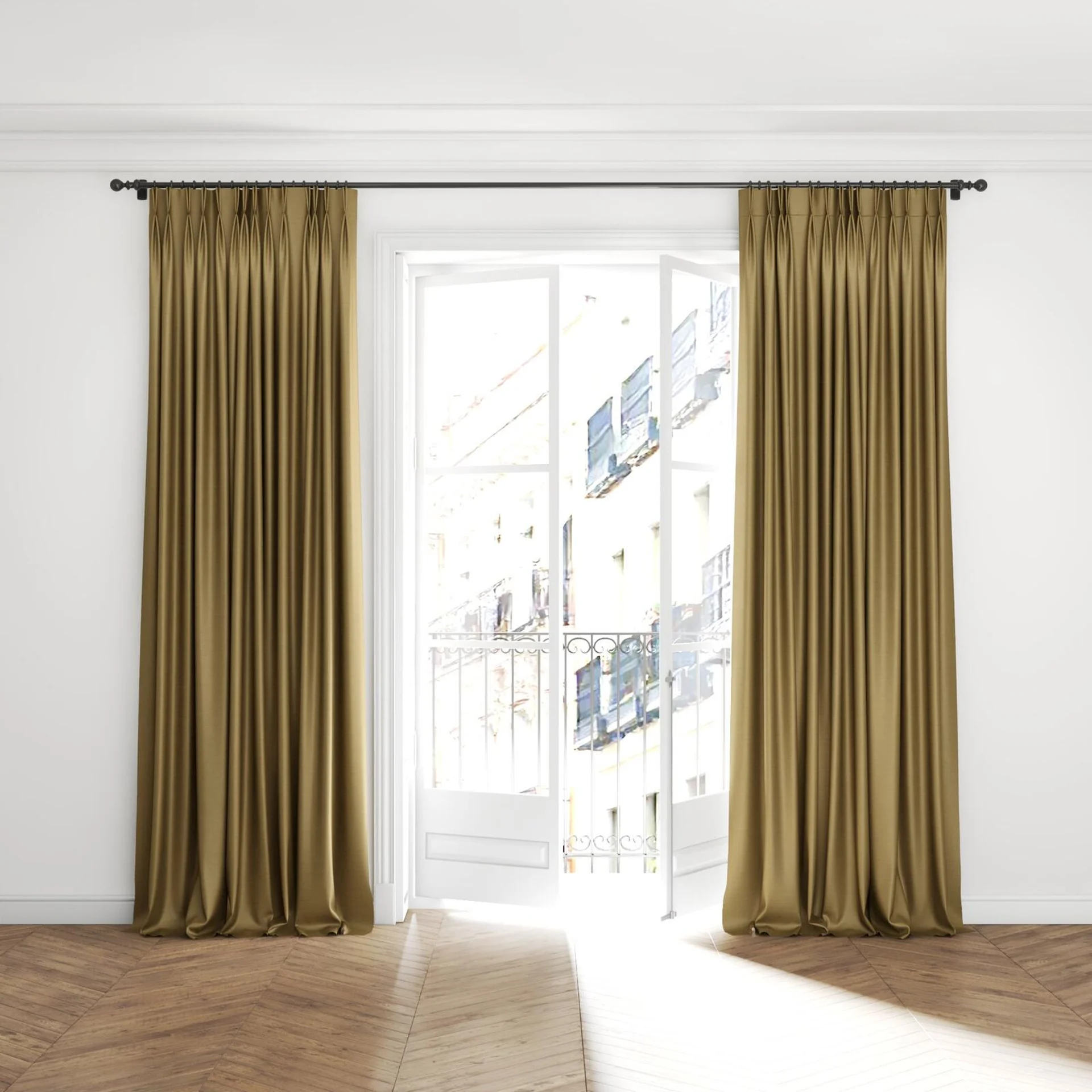 Full view of Silky Bronze, puddled with pinch pleat, on curtain rod