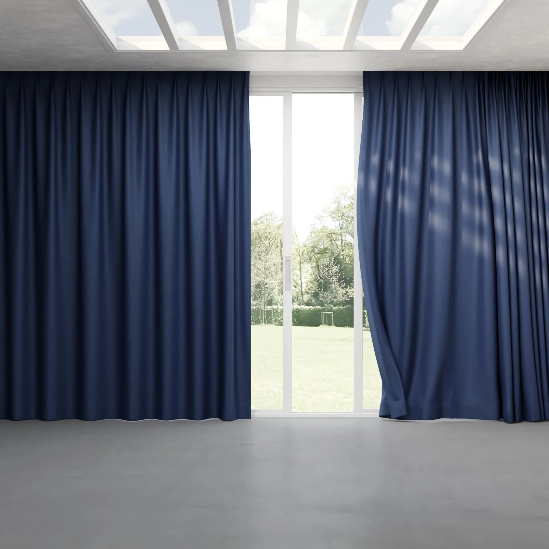 Full view of Kidglove Indigo, pinch pleat