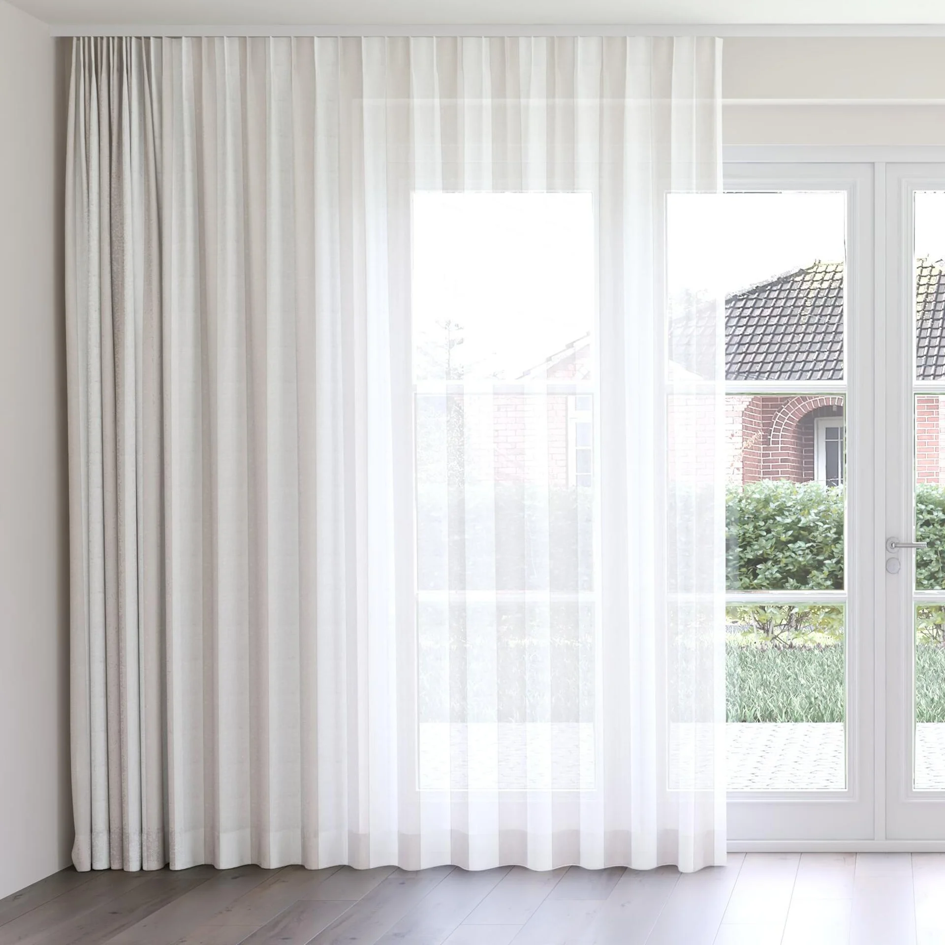 Front view of Kyoto Stripe Linen, on curtain rail
