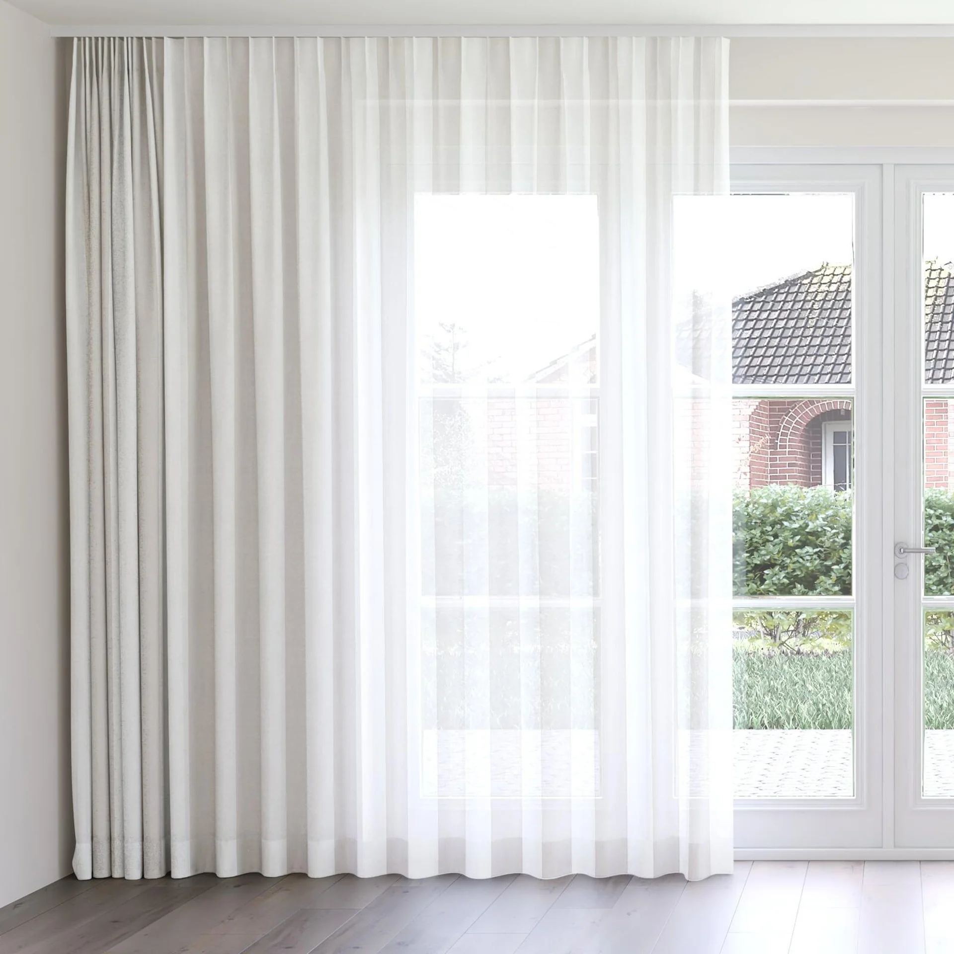 Front view of Kyoto Stripe Sage, on curtain rail