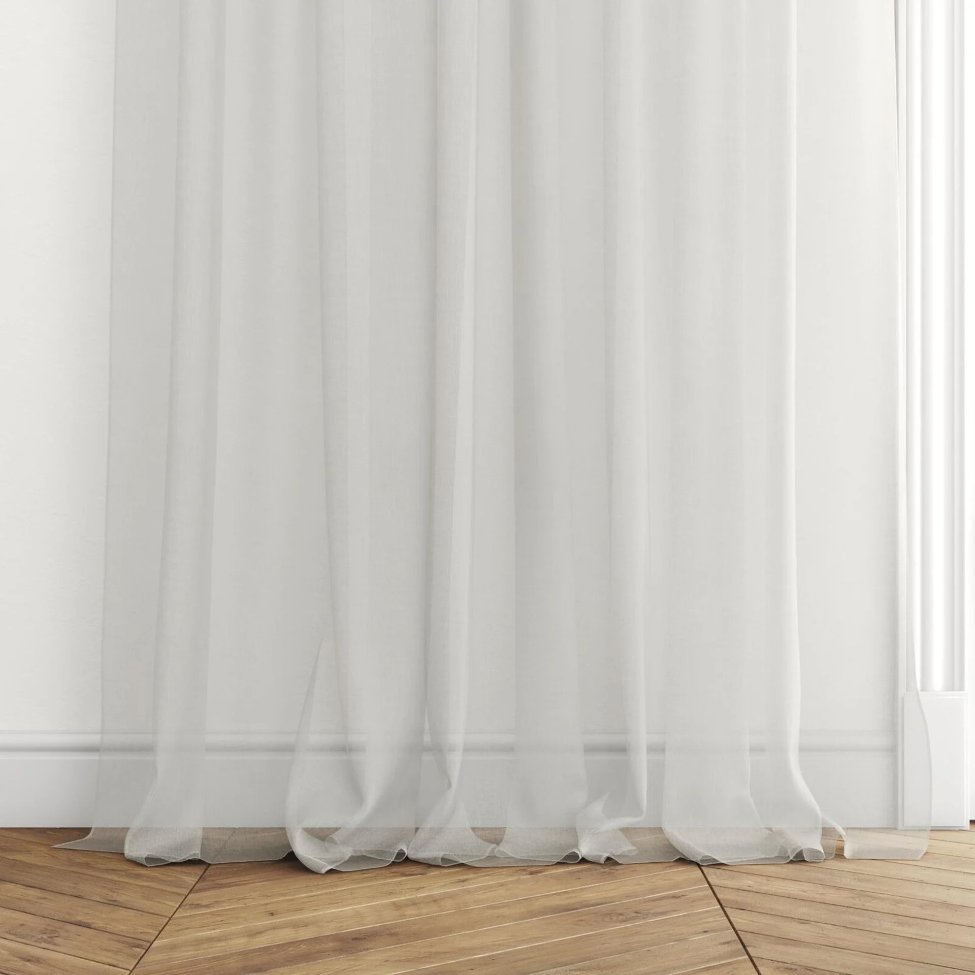 Bottom view of Audiance Natural, puddled with pinch pleat, on curtain rod