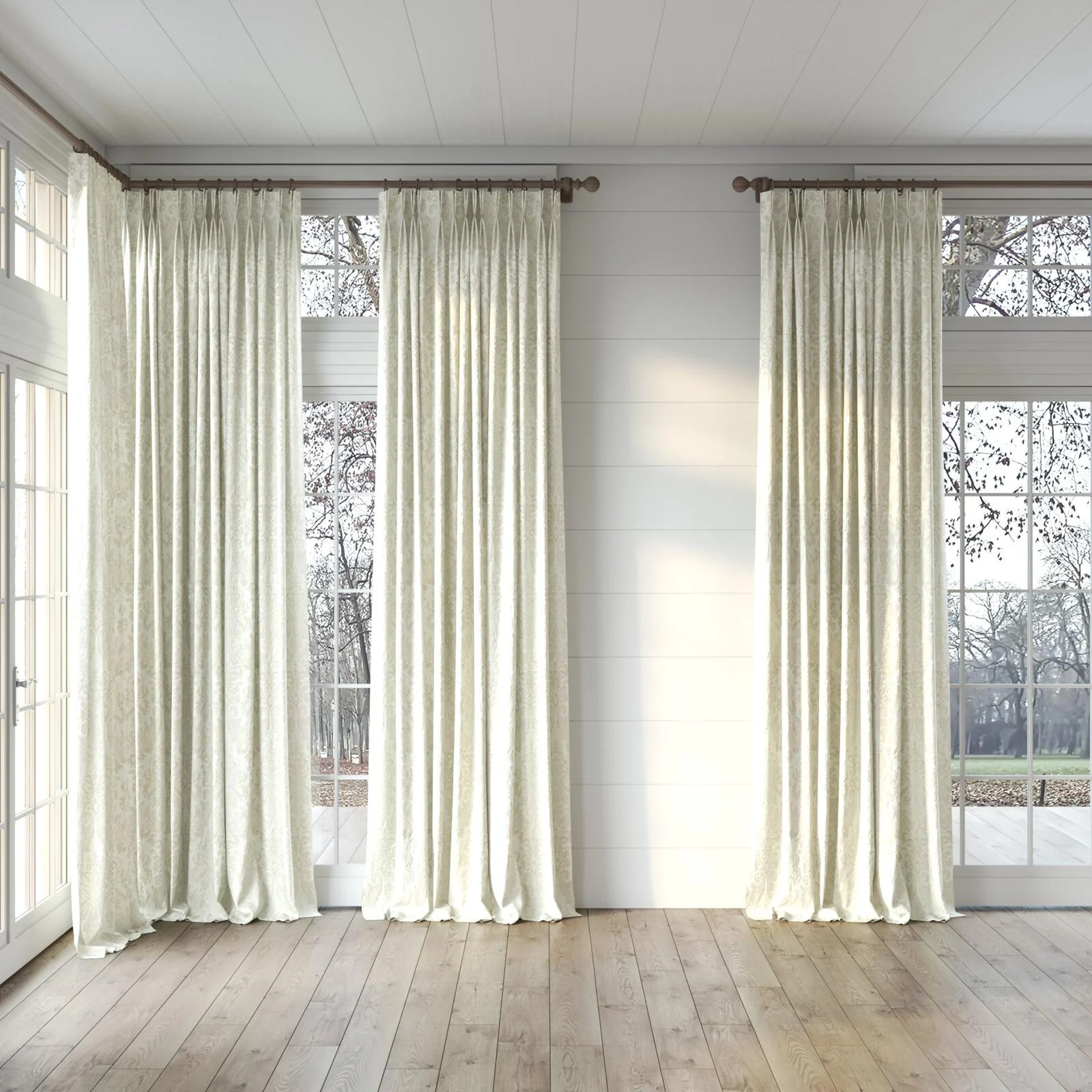 Full view of Gosh Champagne, puddled, on curtain rod