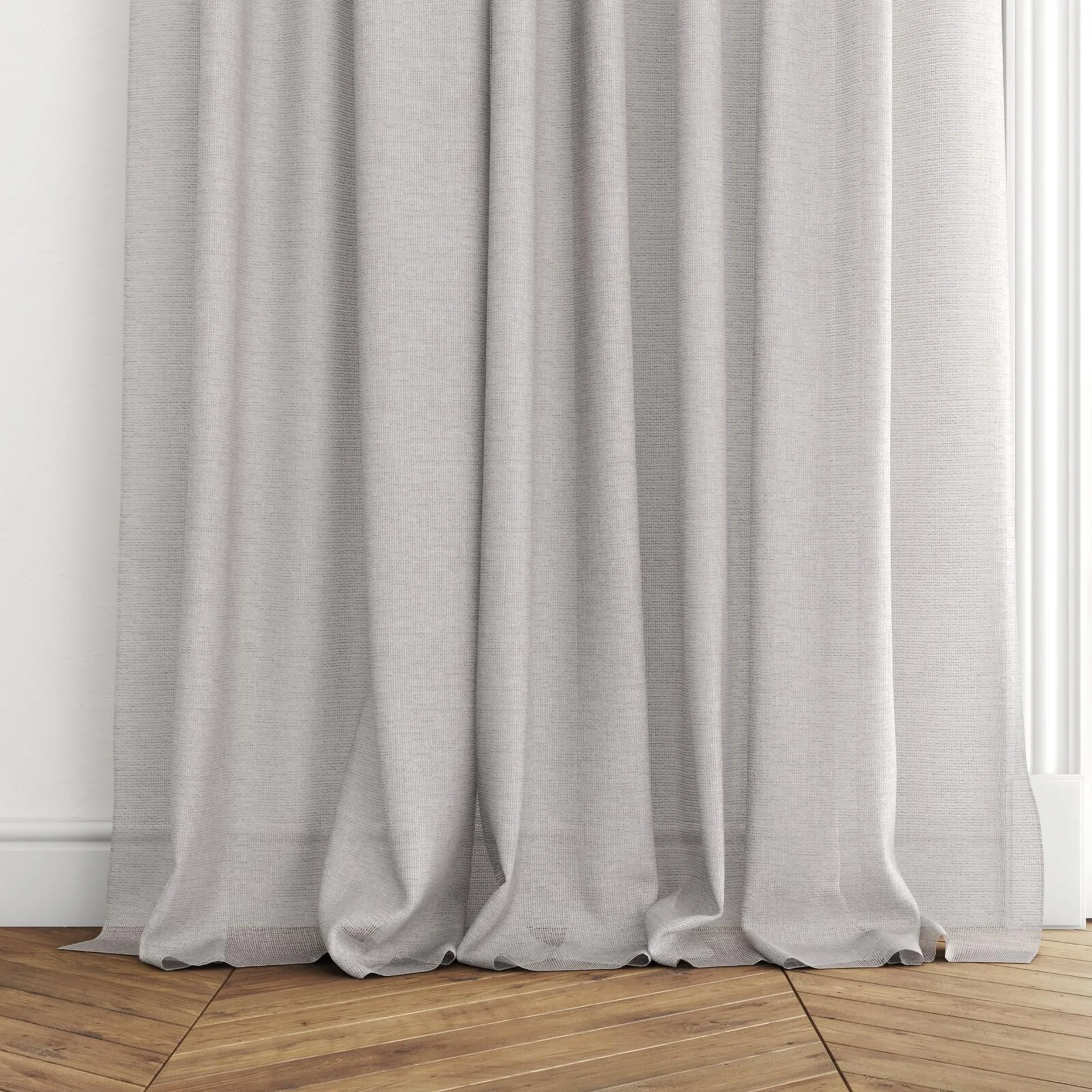 Bottom view of Mathilde Smoke, puddled with pinch pleat, on curtain rod
