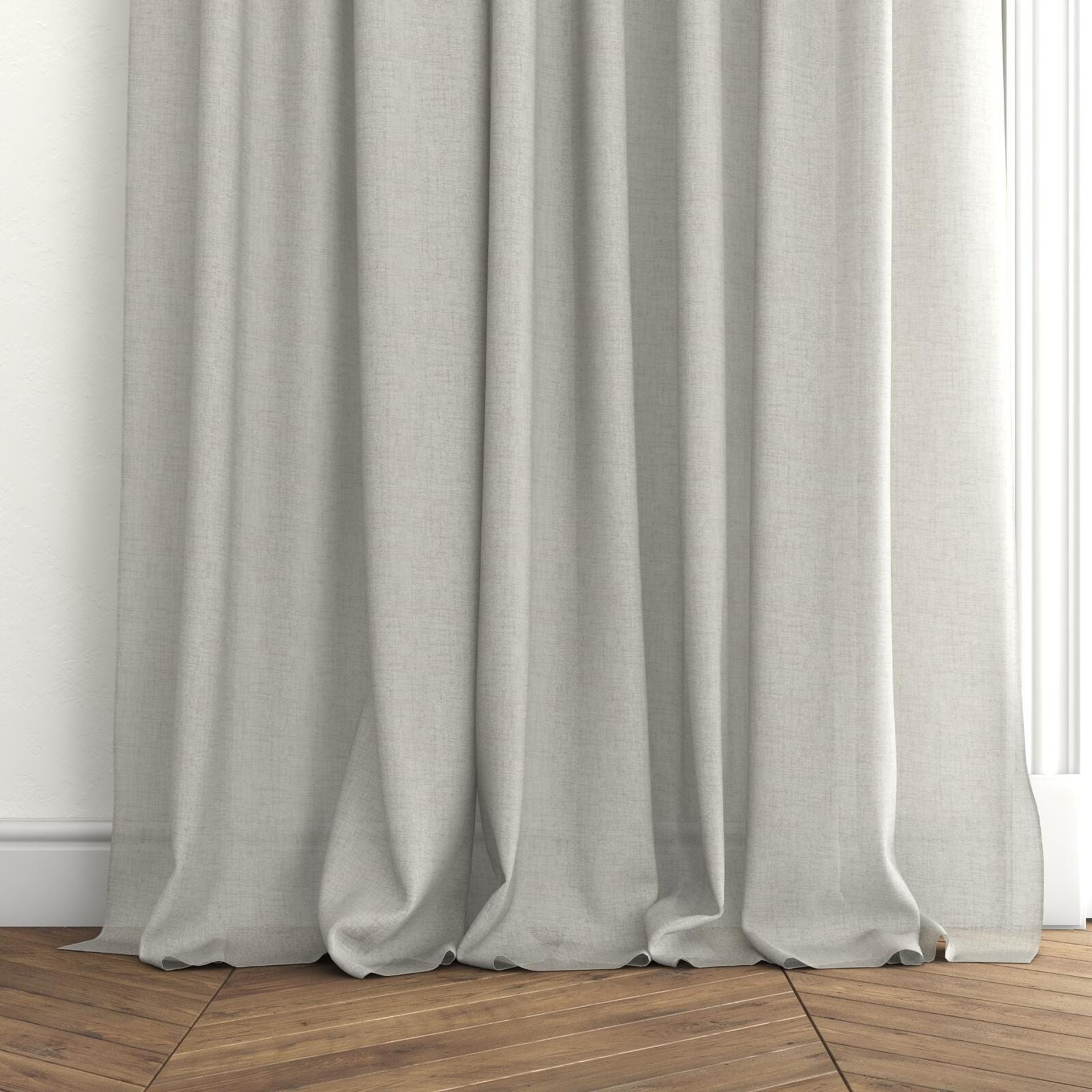 Bottom view of Rava Dove, puddled with pinch pleat, on curtain rod