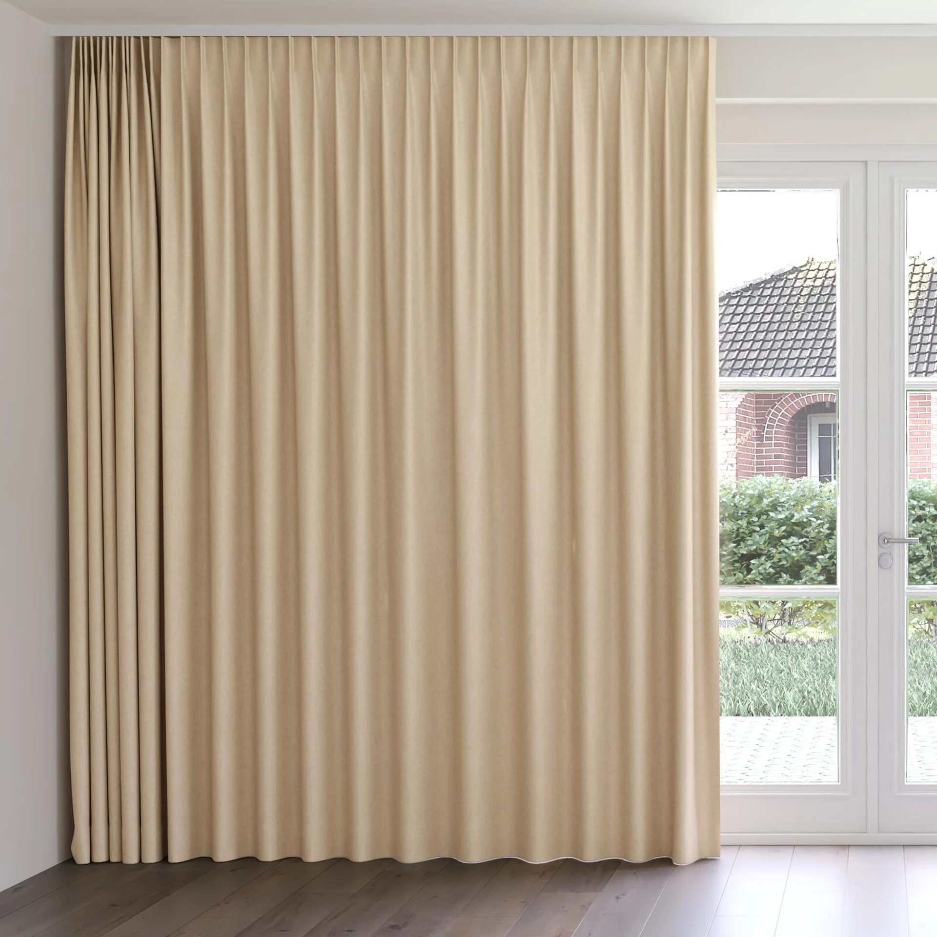 Front view of Hometown Beige, on curtain rail