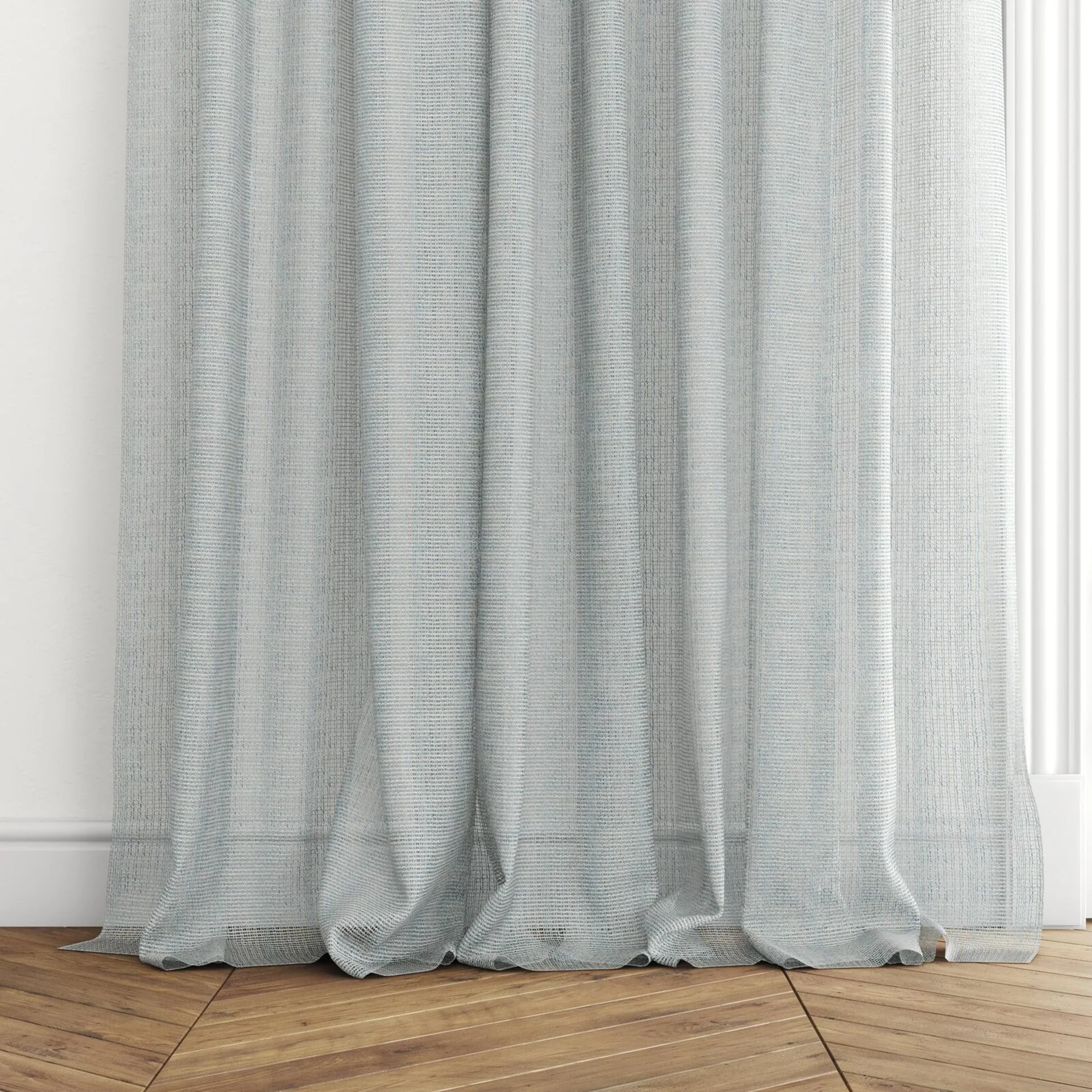 Bottom view of Jabberwocky Niagara, puddled with pinch pleat, on curtain rod