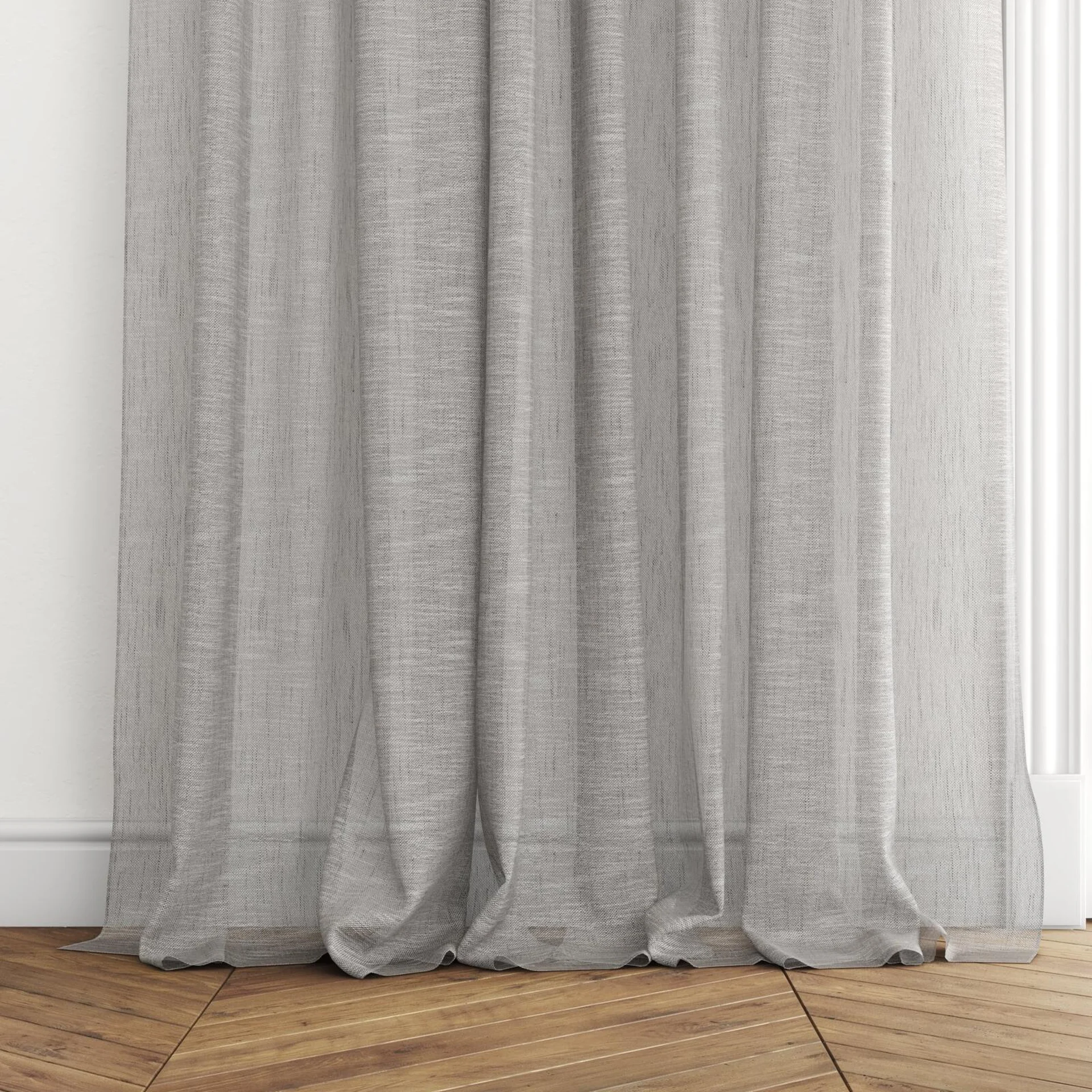 Bottom view of Drift Volcanic, puddled with pinch pleat, on curtain rod