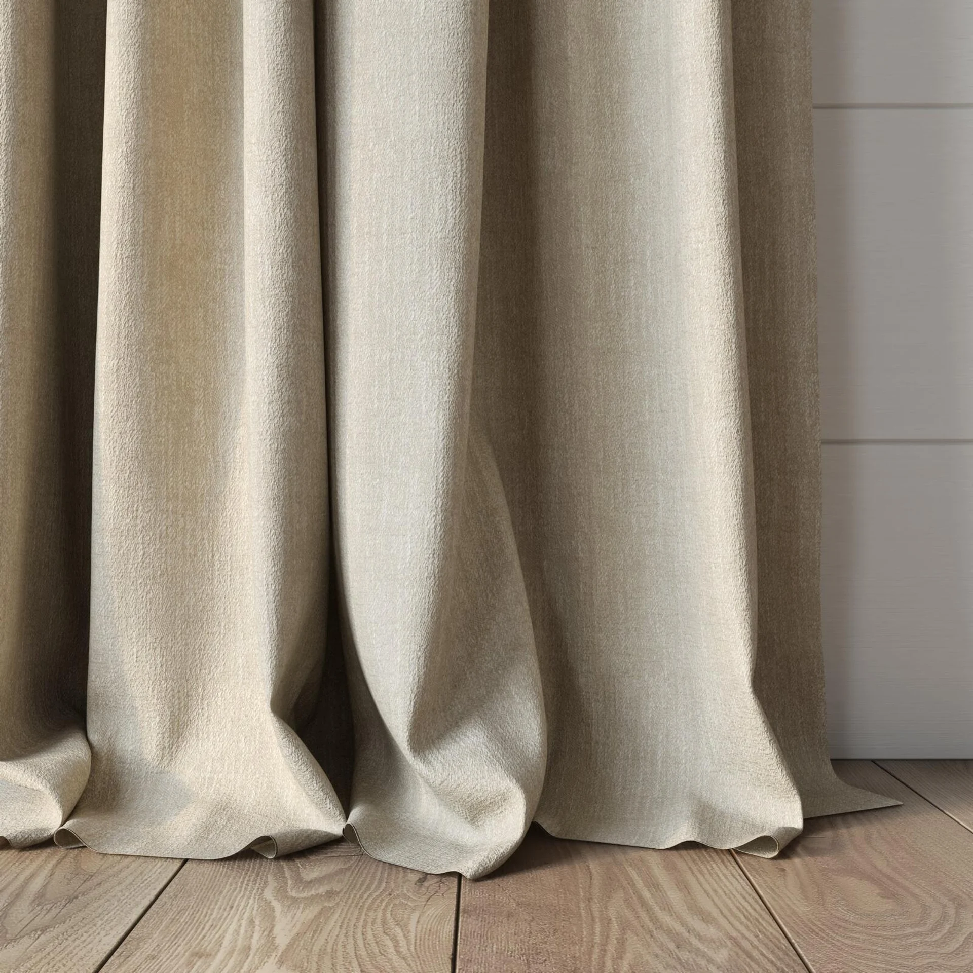 Bottom view of Effortless Natural, puddled, on curtain rod