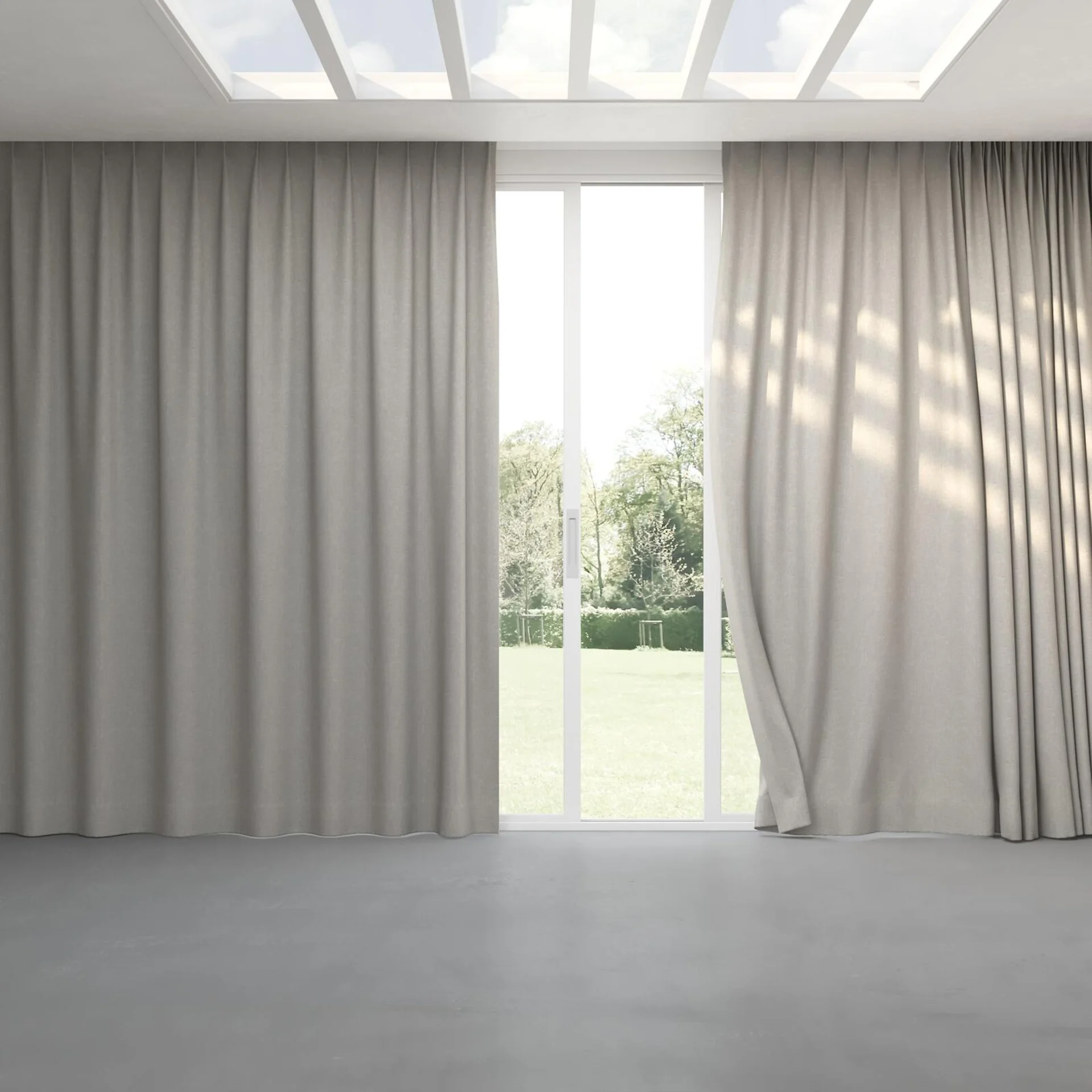 Full view of Retreat II Moonstone, pinch pleat