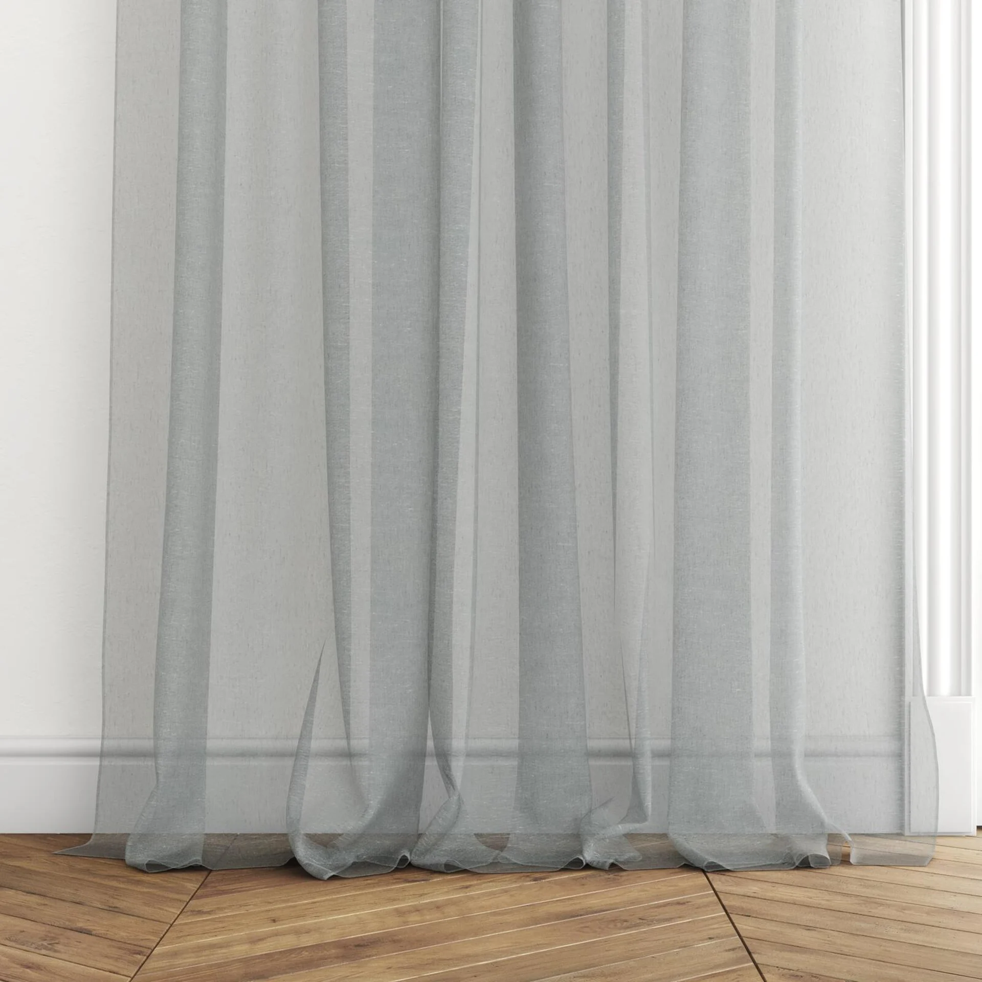 Bottom view of Rhyme Slate, puddled with pinch pleat, on curtain rod