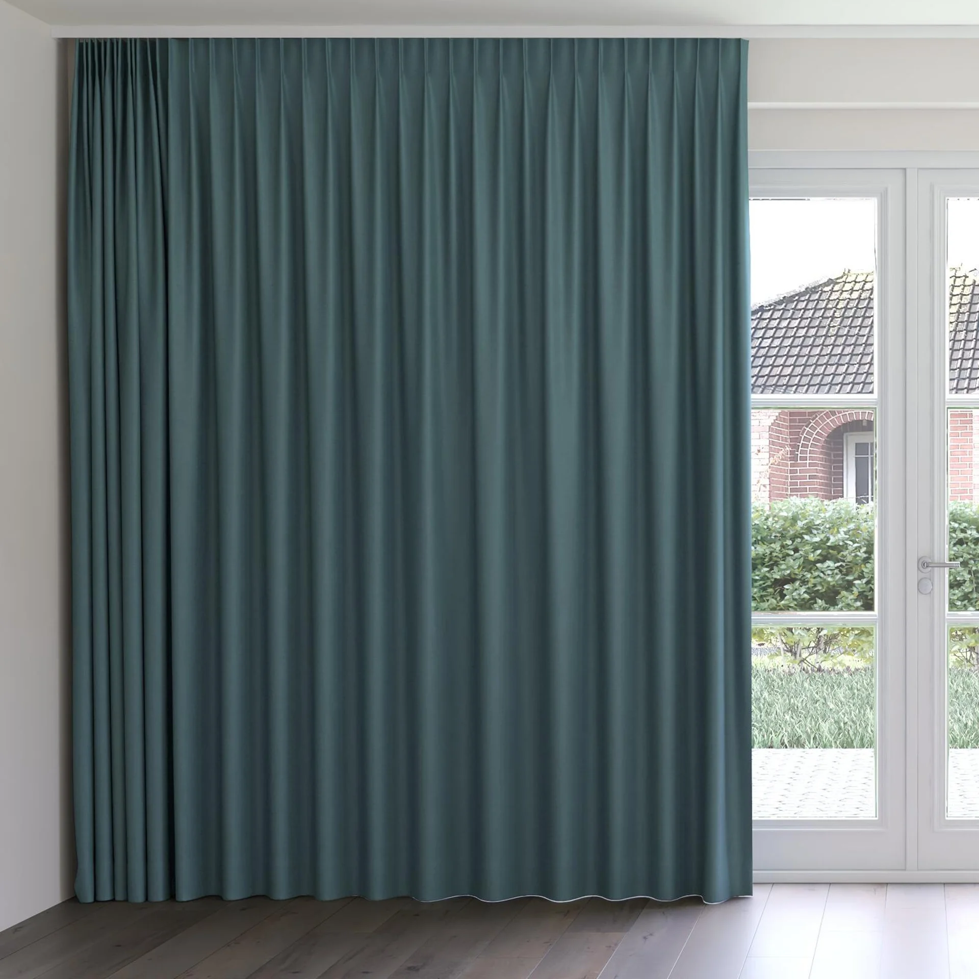 Front view of Colourwash Eco Teal, on curtain rail