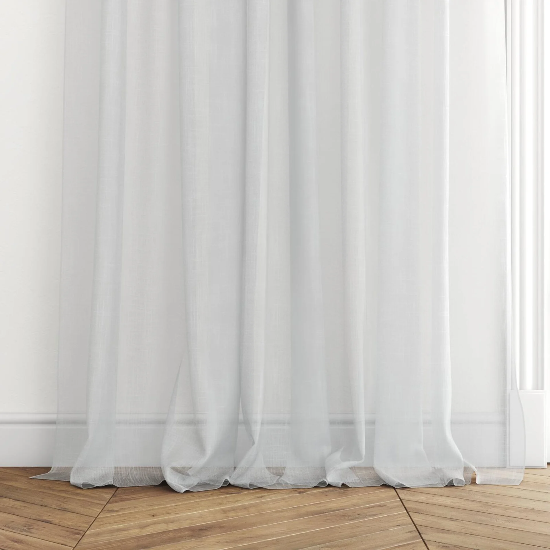 Bottom view of Attica Powder, puddled with pinch pleat, on curtain rod