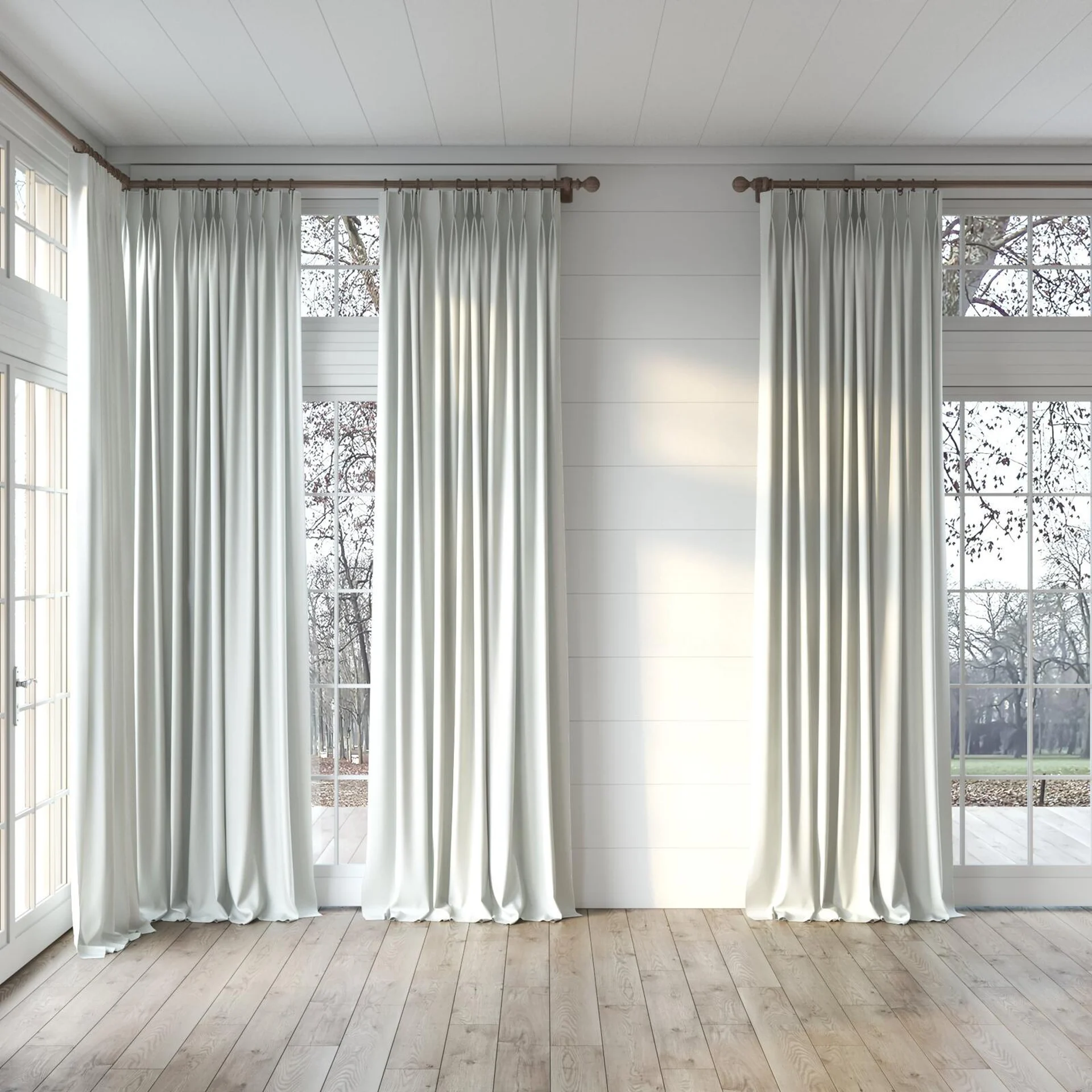 Full view of Retreat II Shell, puddled, on curtain rod