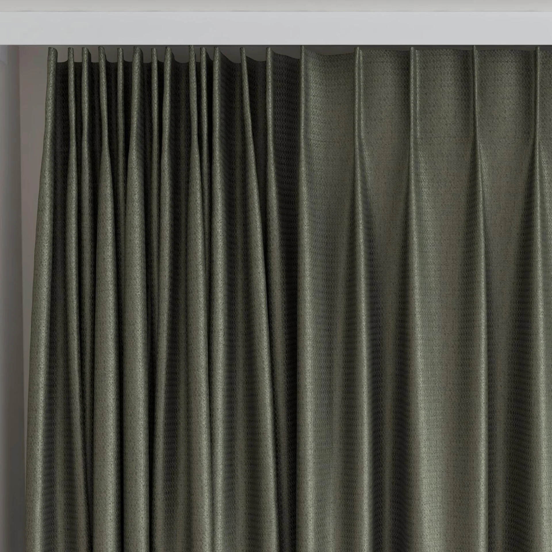 Top view of Kennedy II Blackout Moss, on curtain rail