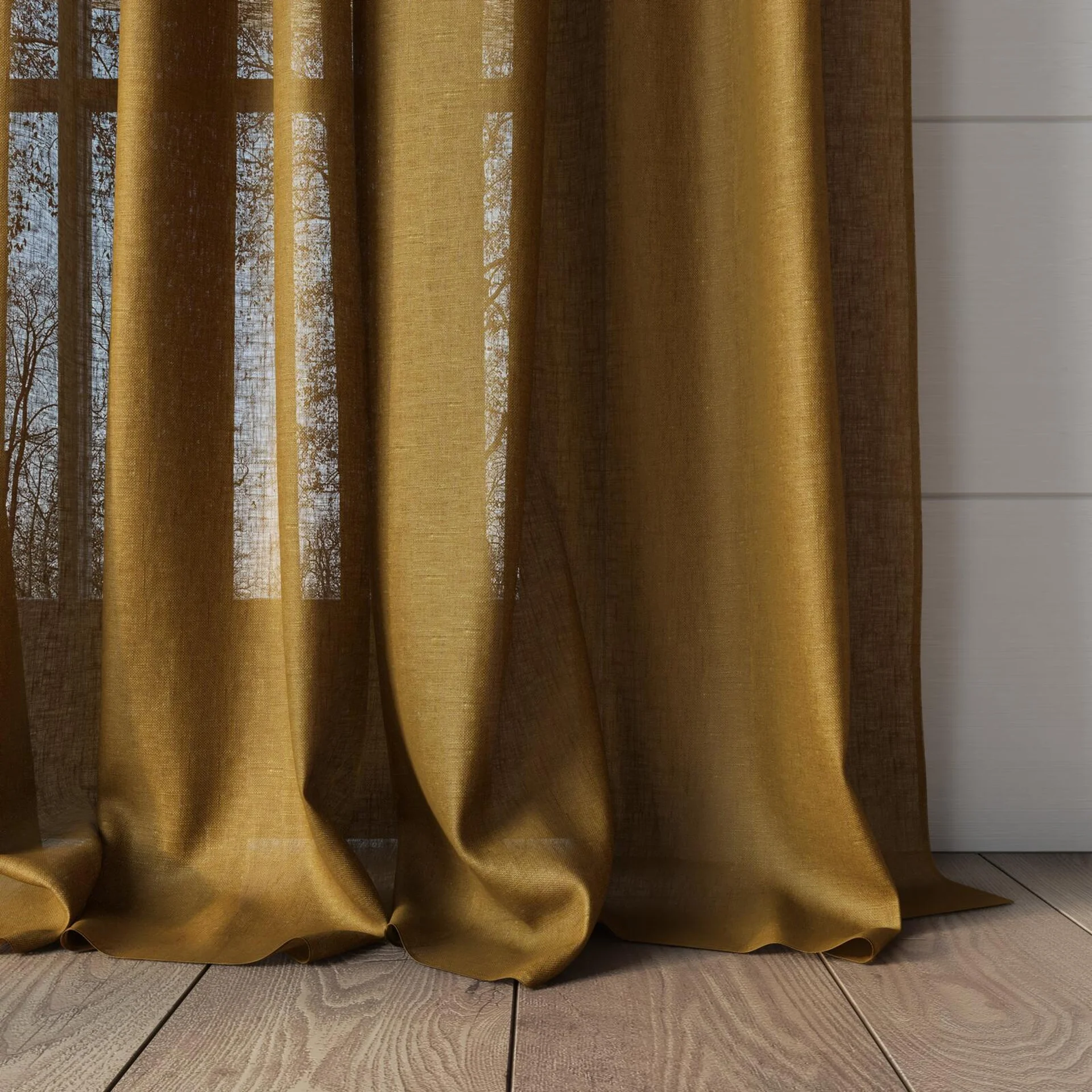 Bottom view of Laconia Air Ochre, puddled, on curtain rod