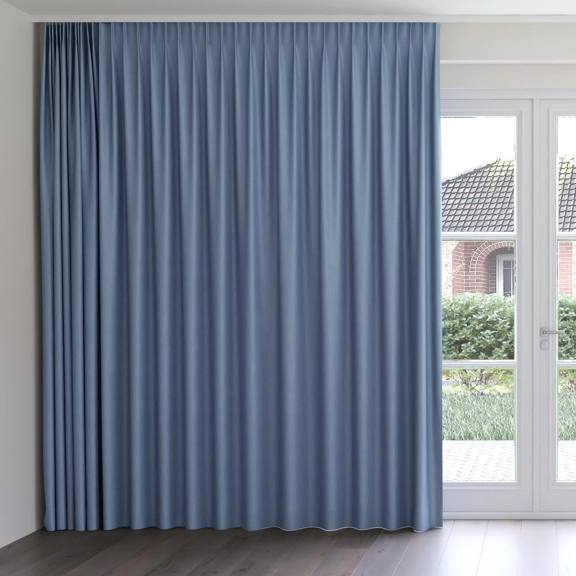 Front view of Kidglove Denim, on curtain rail