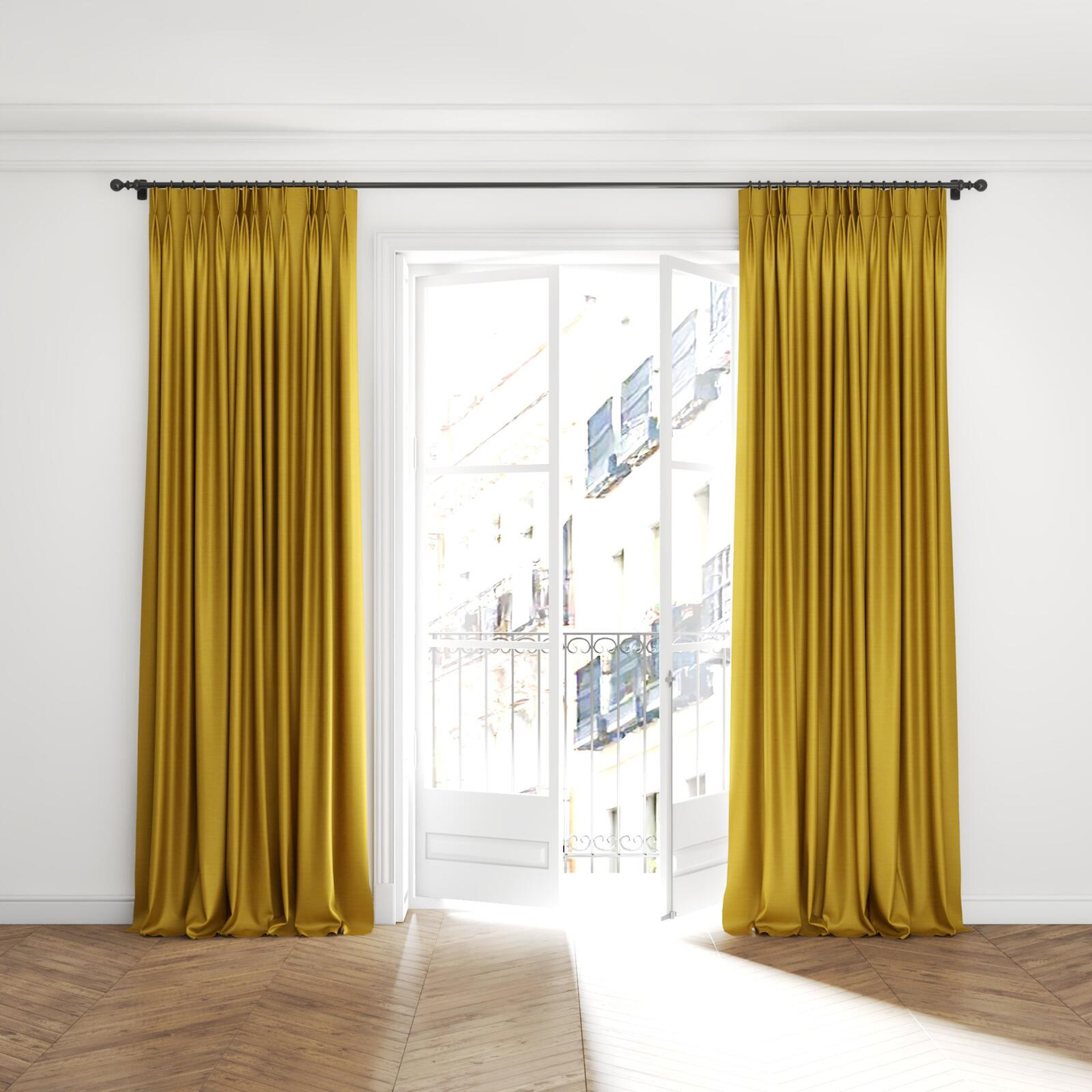 Full view of Silky Artisan, puddled with pinch pleat, on curtain rod