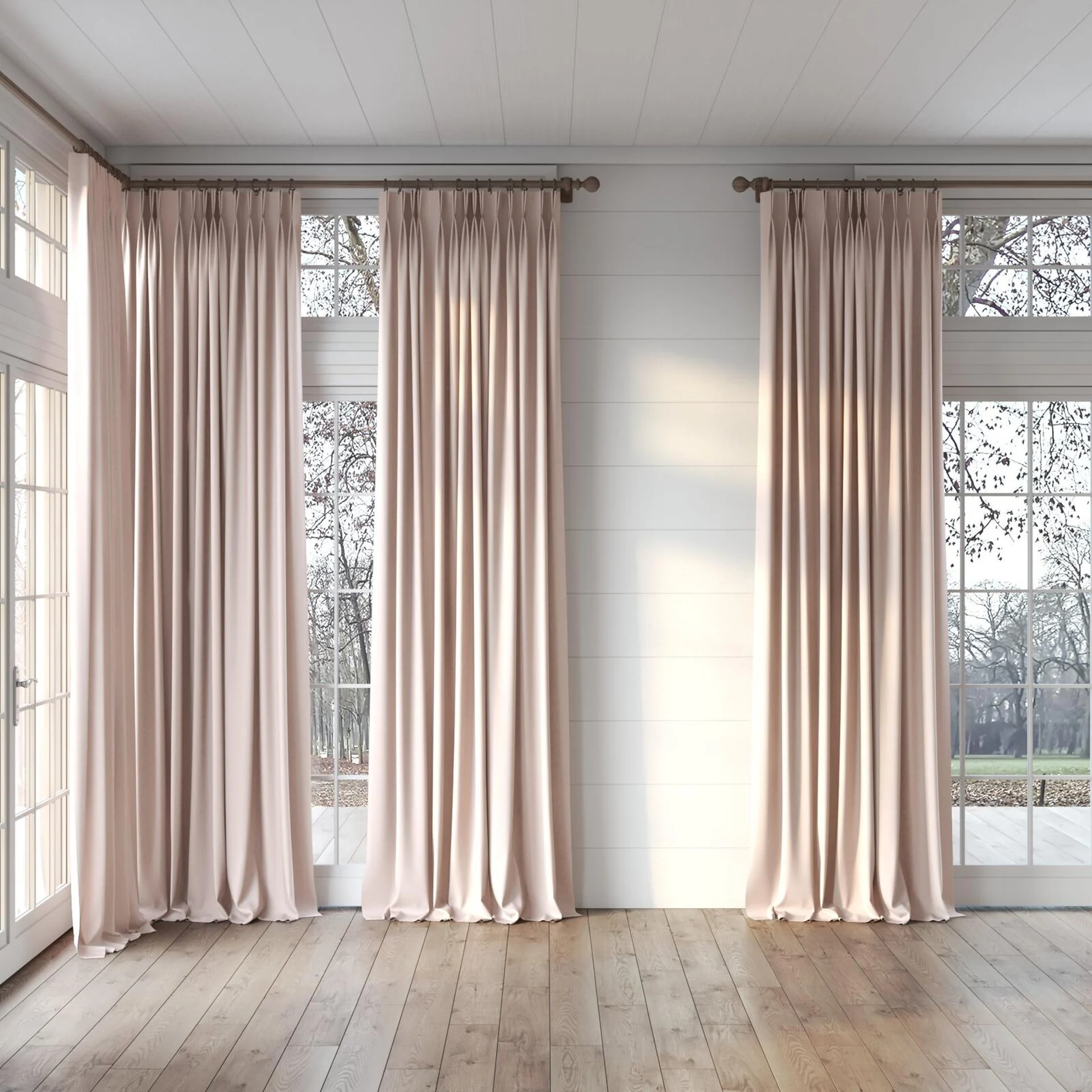 Full view of Oakley FR Blush, puddled, on curtain rod