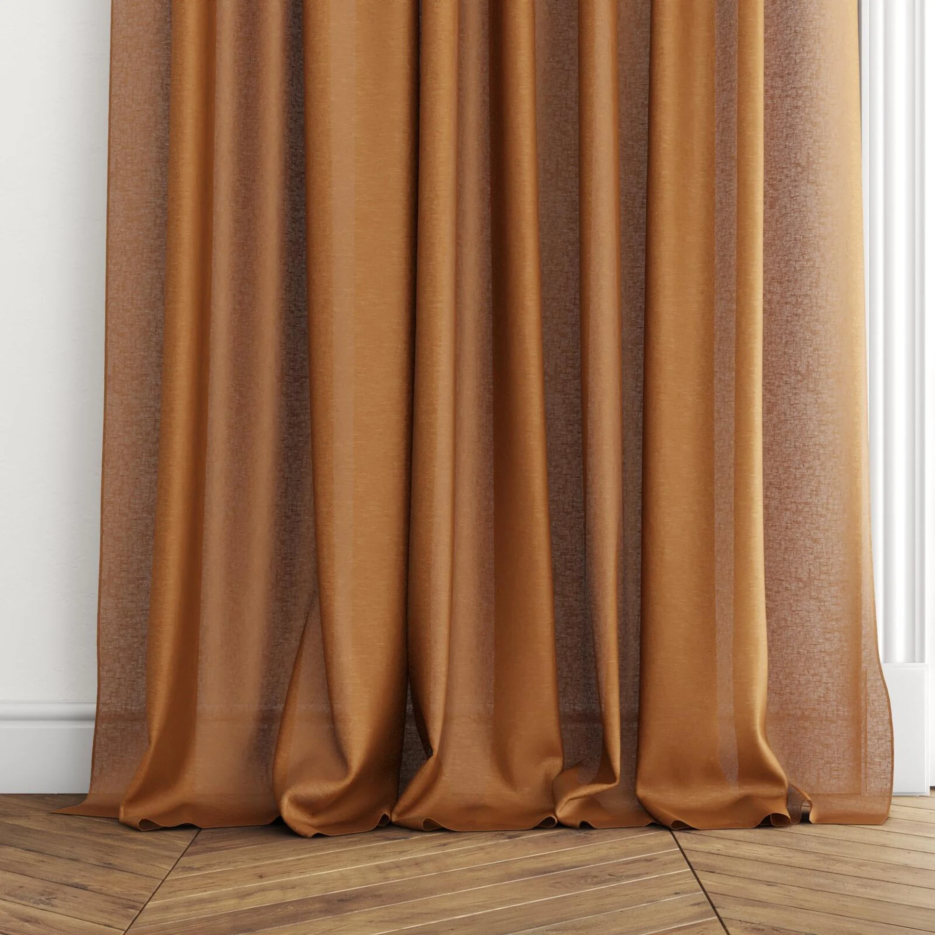 Bottom view of Laconia Air Terracotta, puddled with pinch pleat, on curtain rod
