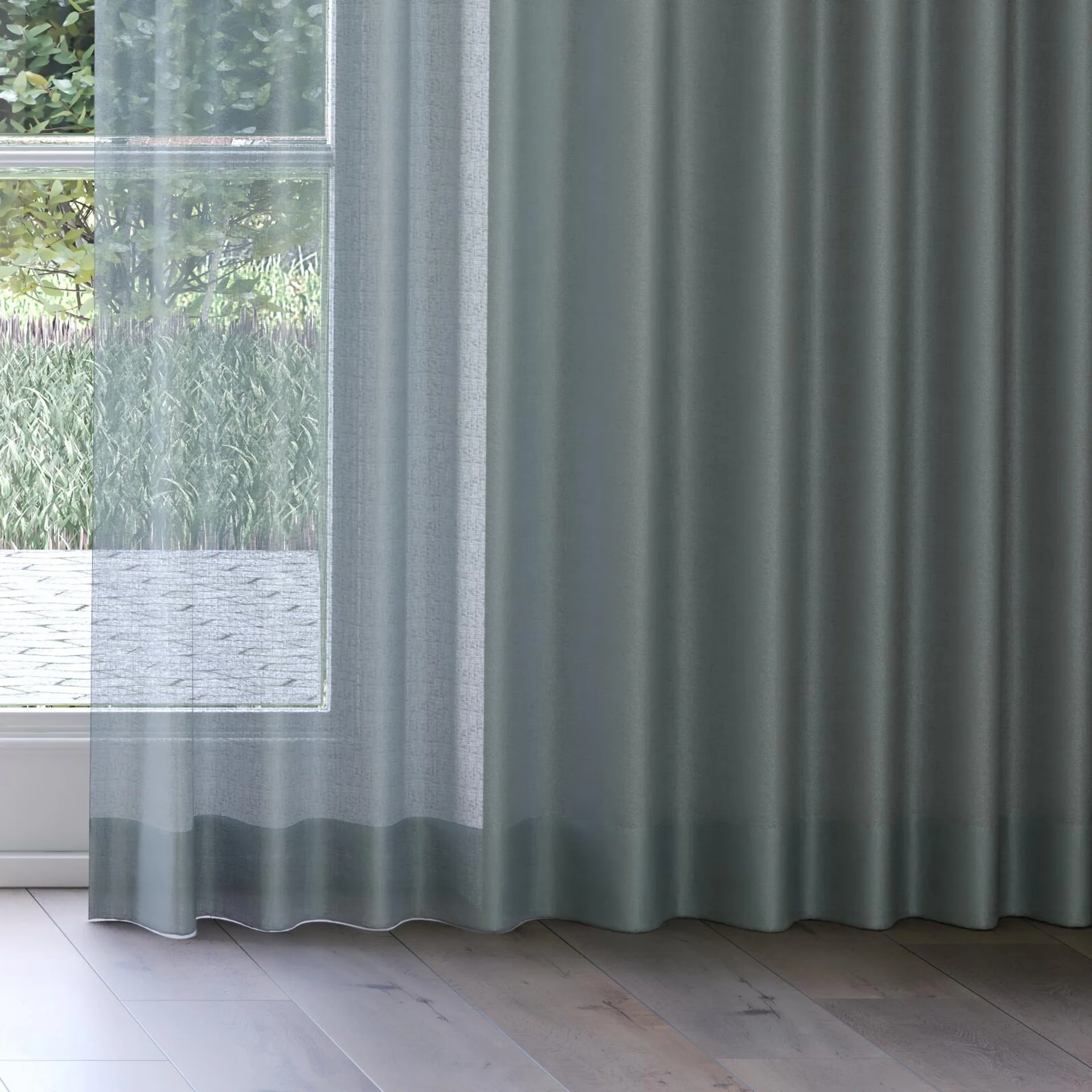 Bottom view of Kanso Stonewash Mineral, on curtain rail