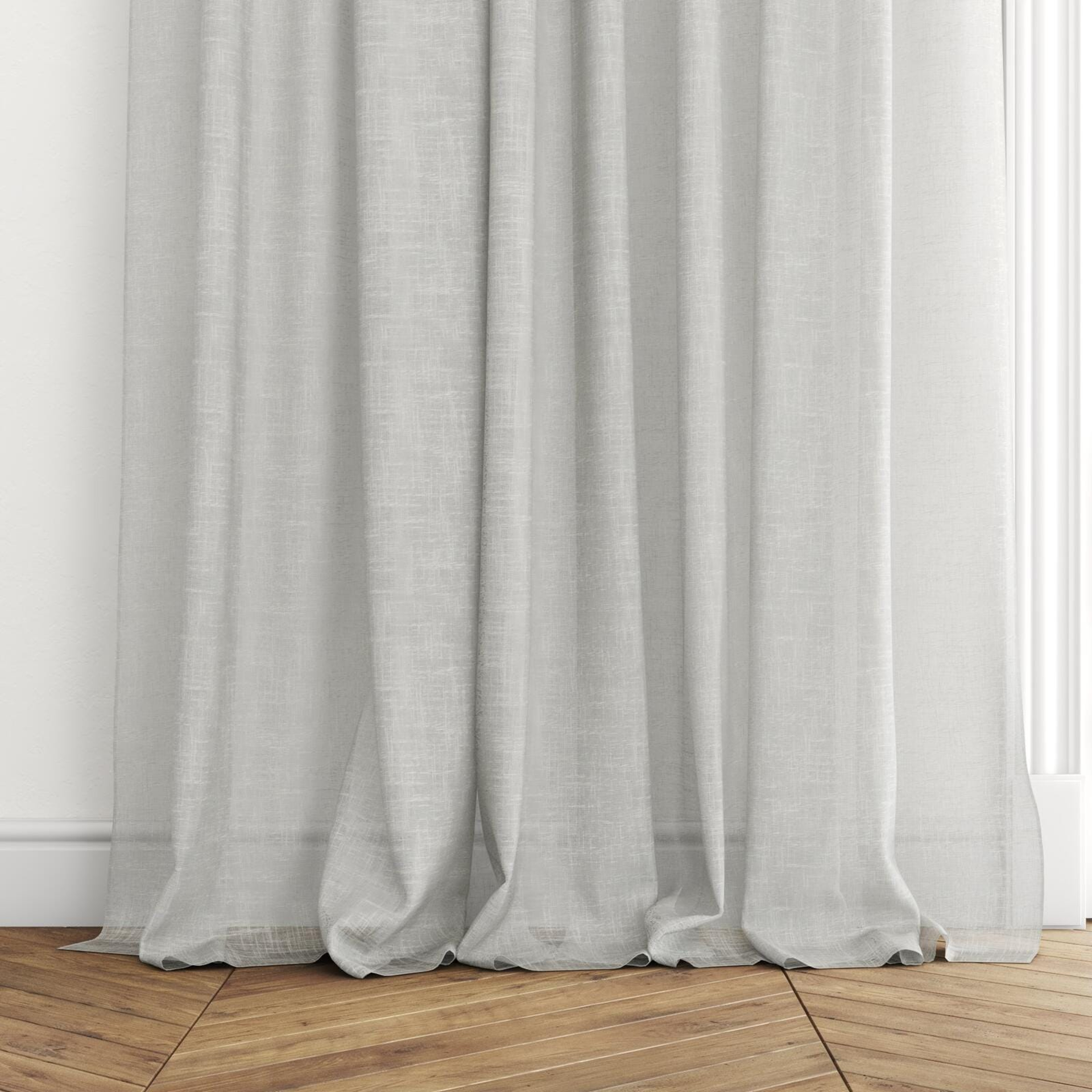Bottom view of Savina Cement, puddled with pinch pleat, on curtain rod