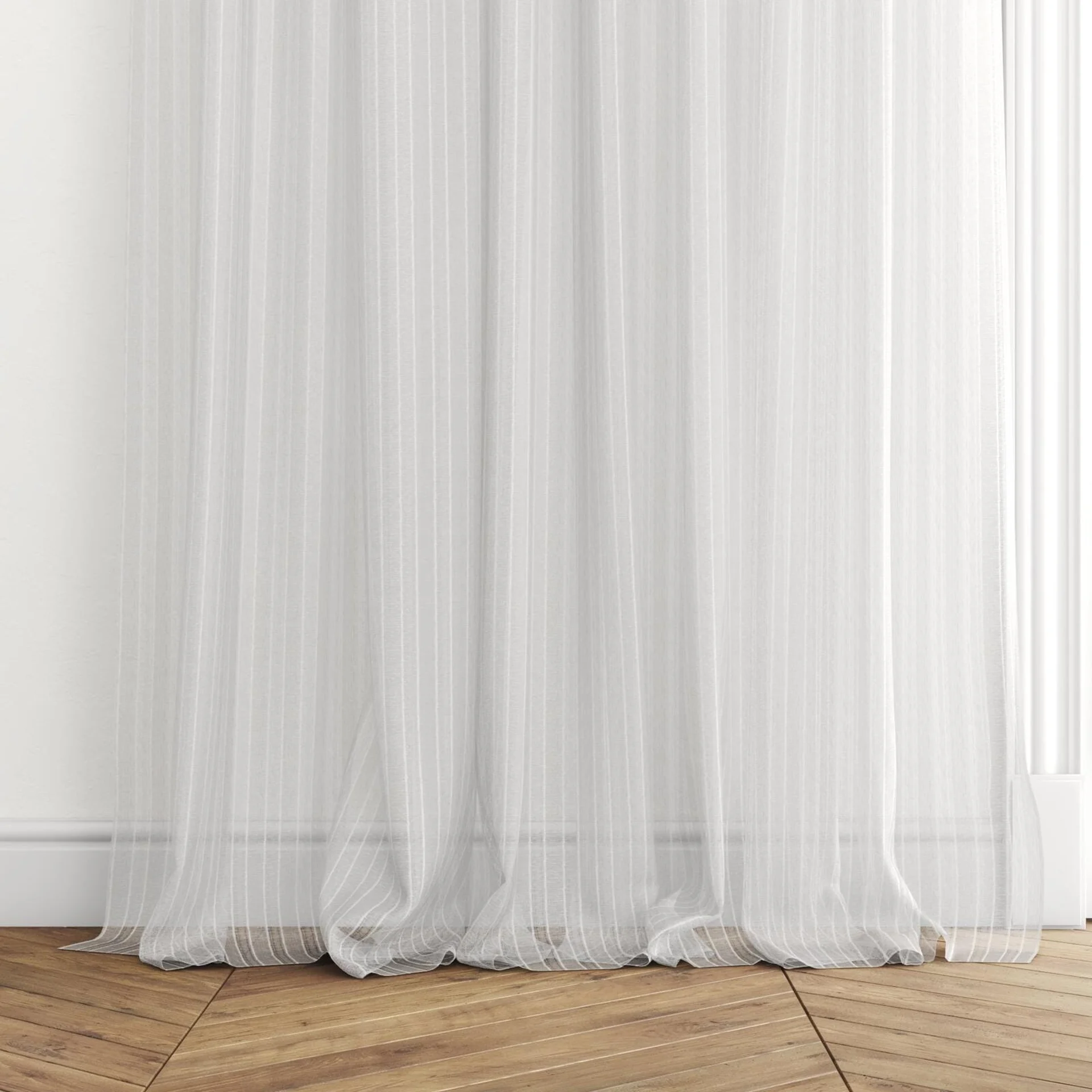 Bottom view of Balzac Silver, puddled with pinch pleat, on curtain rod
