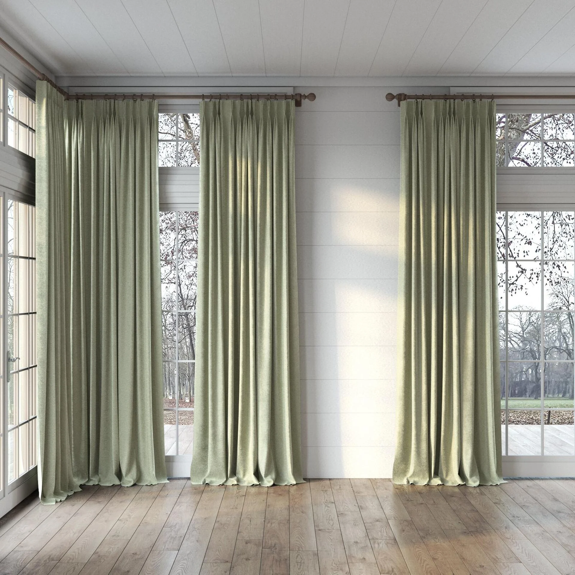 Full view of Brigadier Moss, puddled, on curtain rod