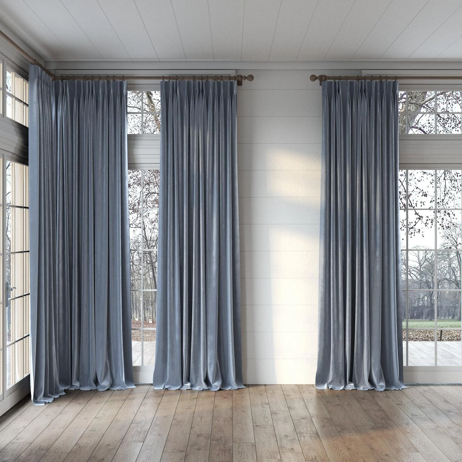 Full view of Velvelux Royal, puddled, on curtain rod