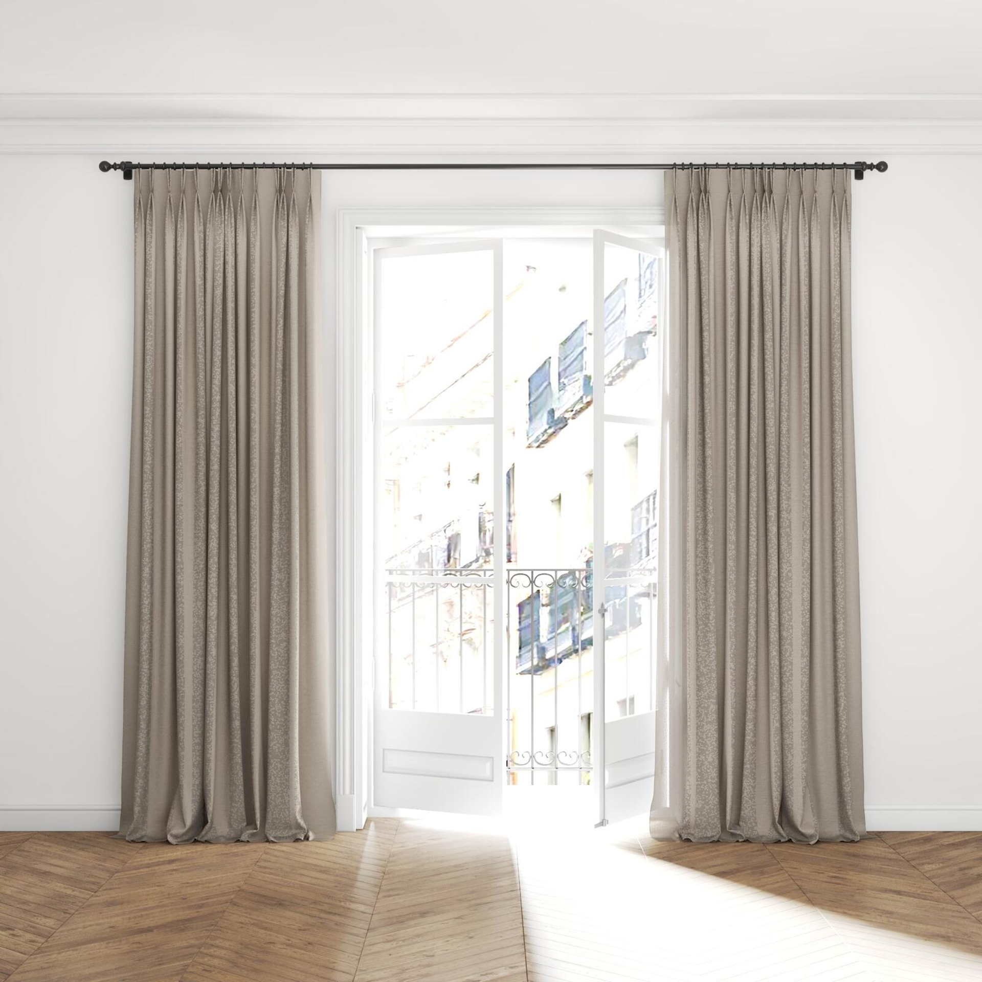 Full view of Revel Clay, puddled with pinch pleat, on curtain rod