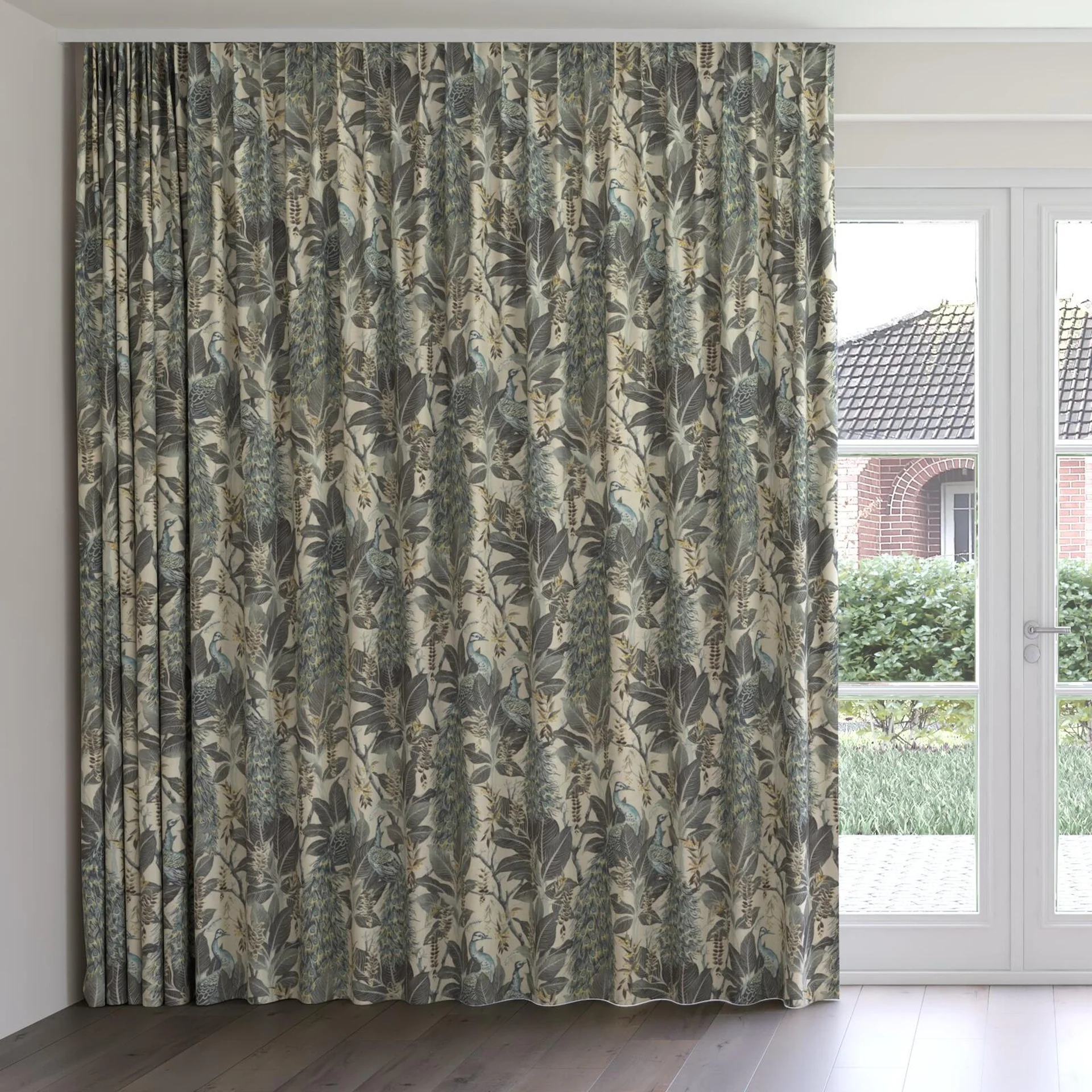 Front view of Royal Peacock Vintage White, on curtain rail