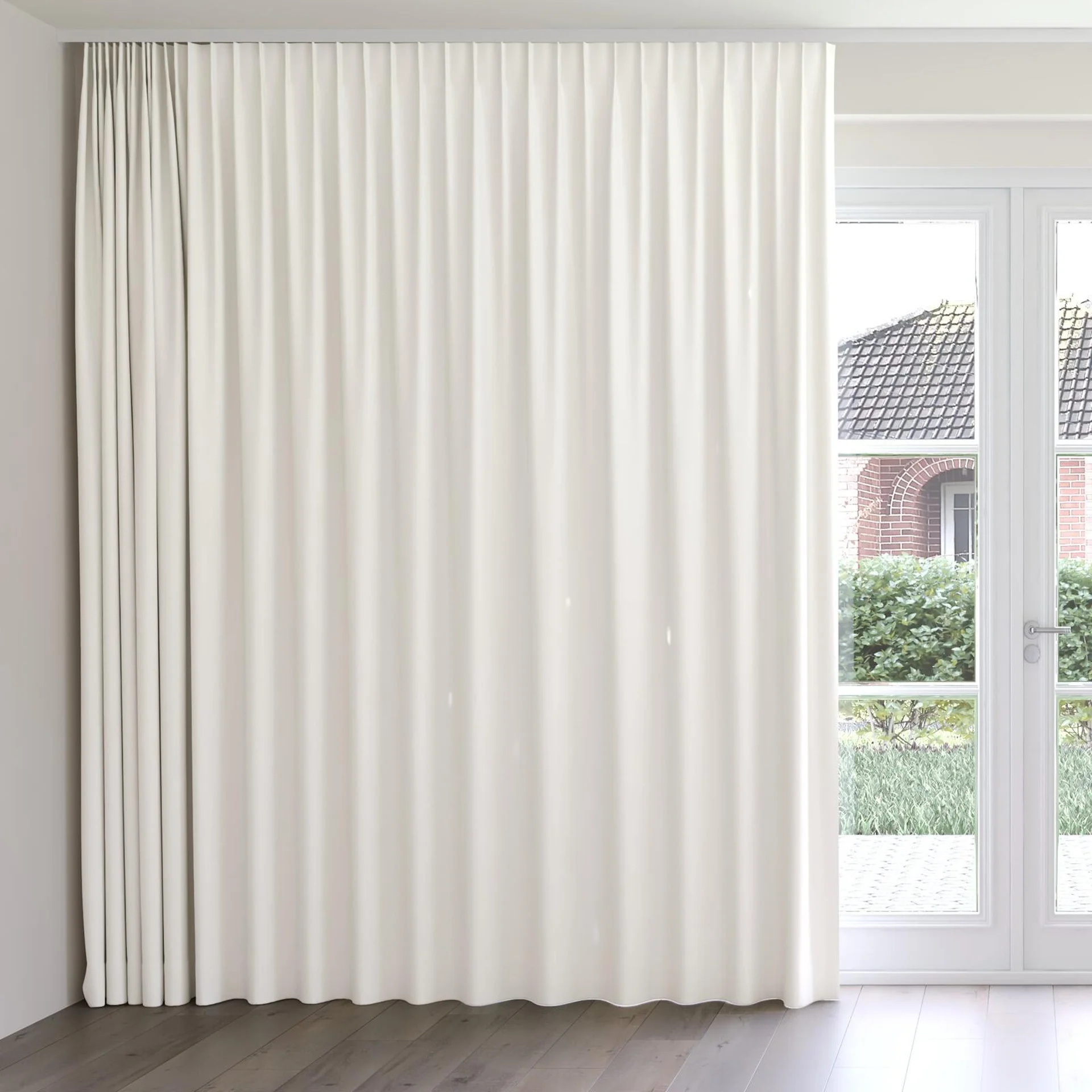 Front view of Coverlet Snow, on curtain rail
