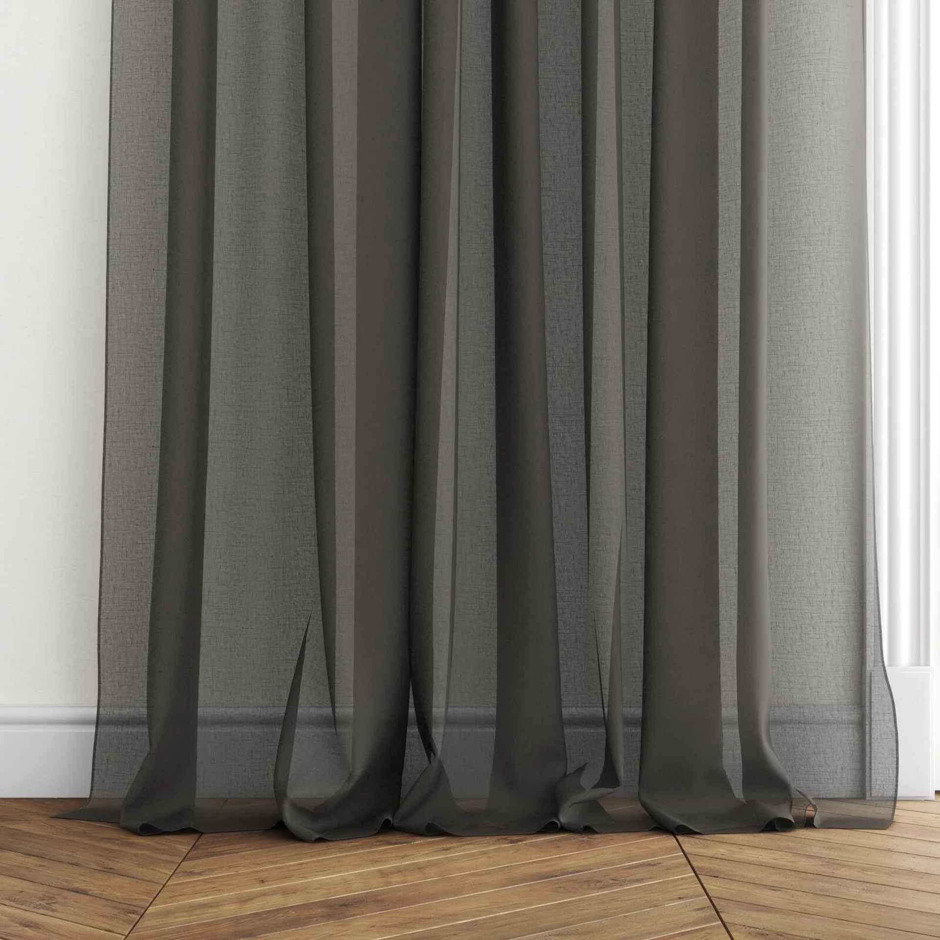 Bottom view of Cavalier Onyx, puddled with pinch pleat, on curtain rod