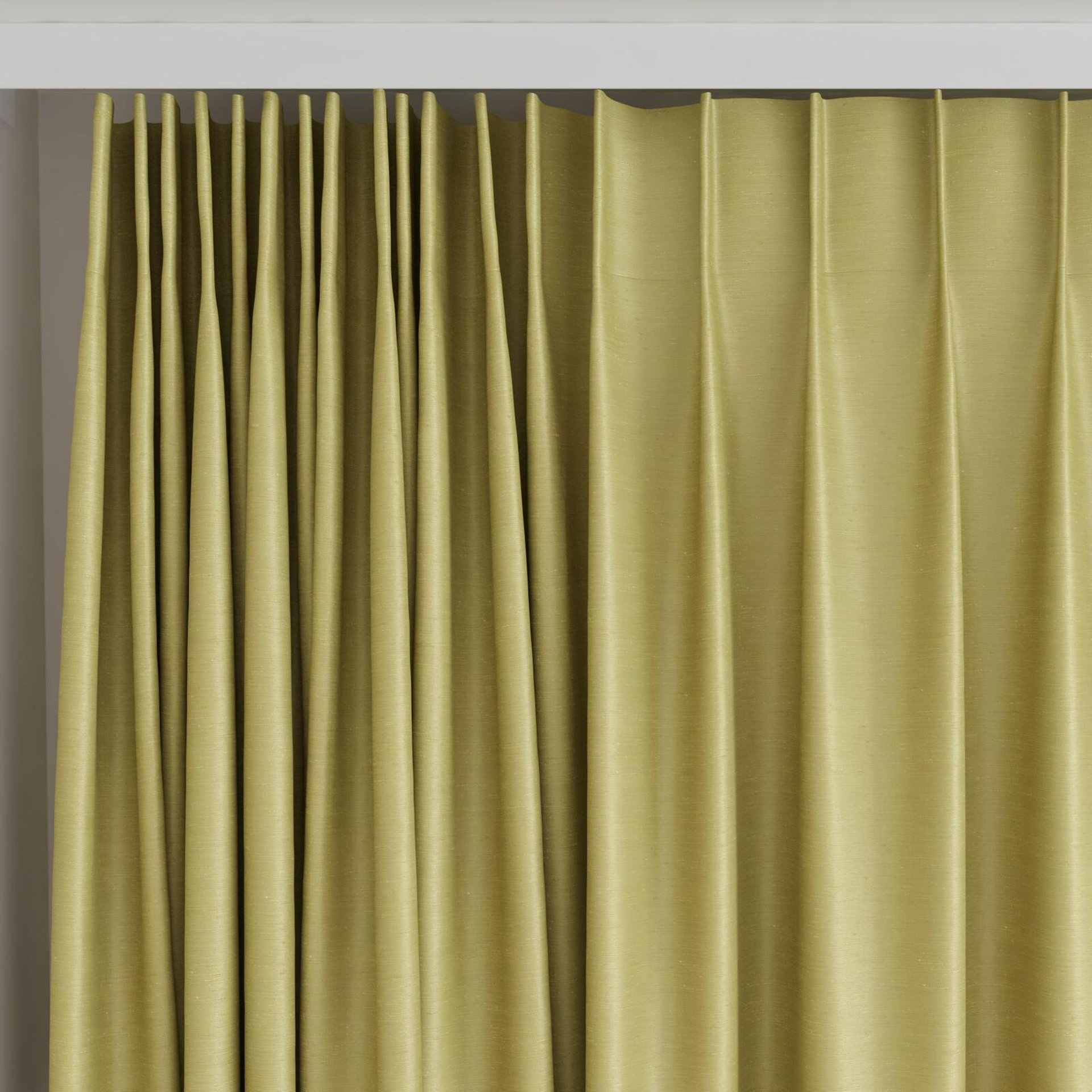 Top view of Silk Road Golden Olive, on curtain rail