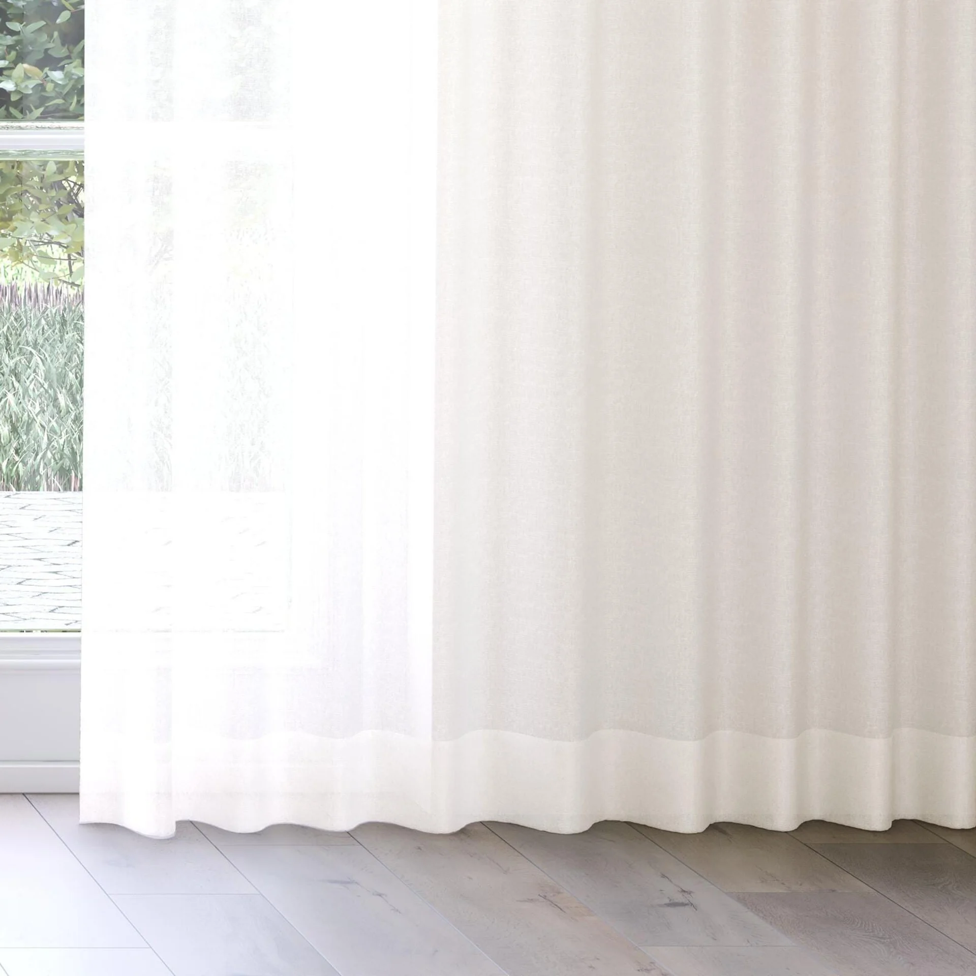 Bottom view of Alcova Cream, on curtain rail