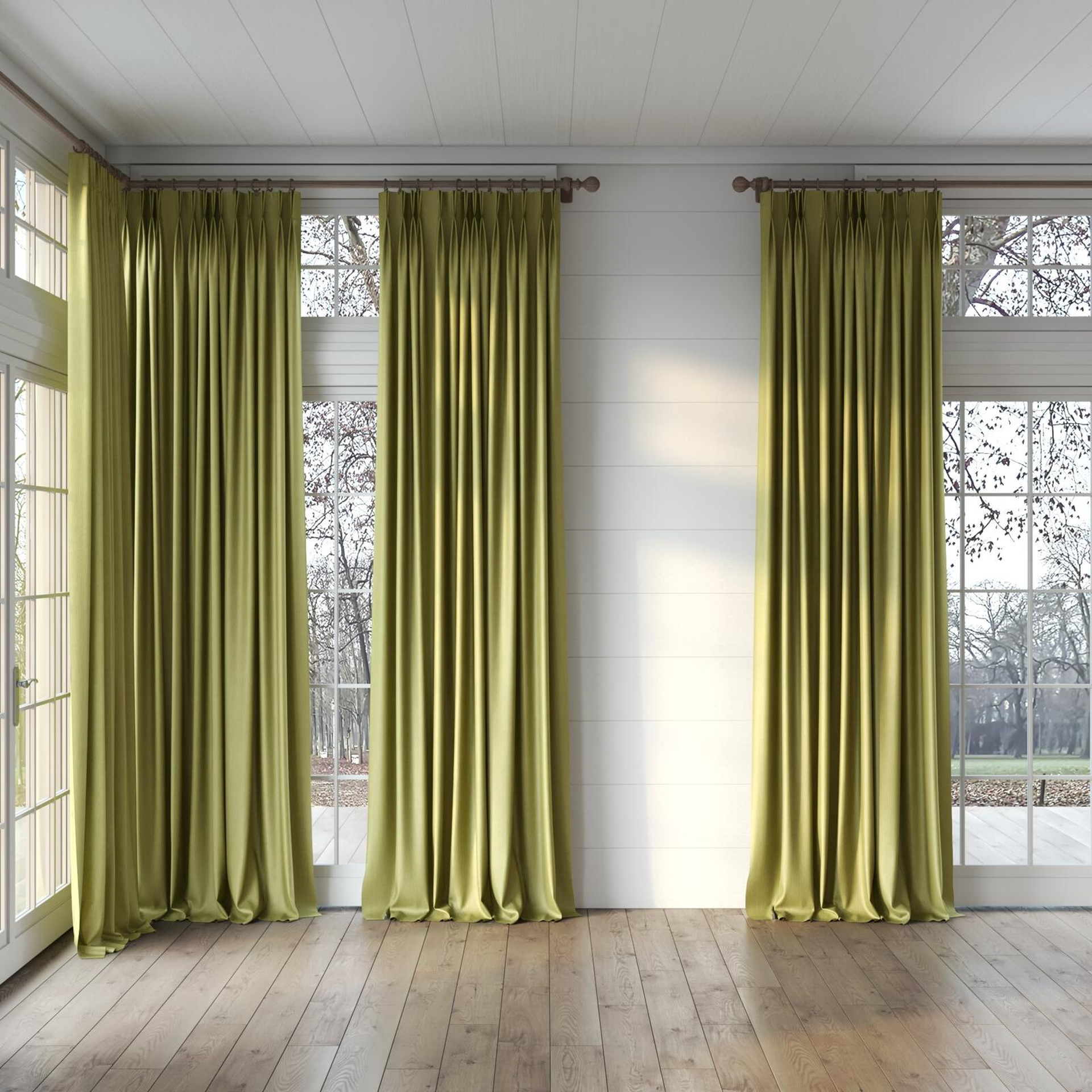 Full view of Hombre Moss, puddled, on curtain rod