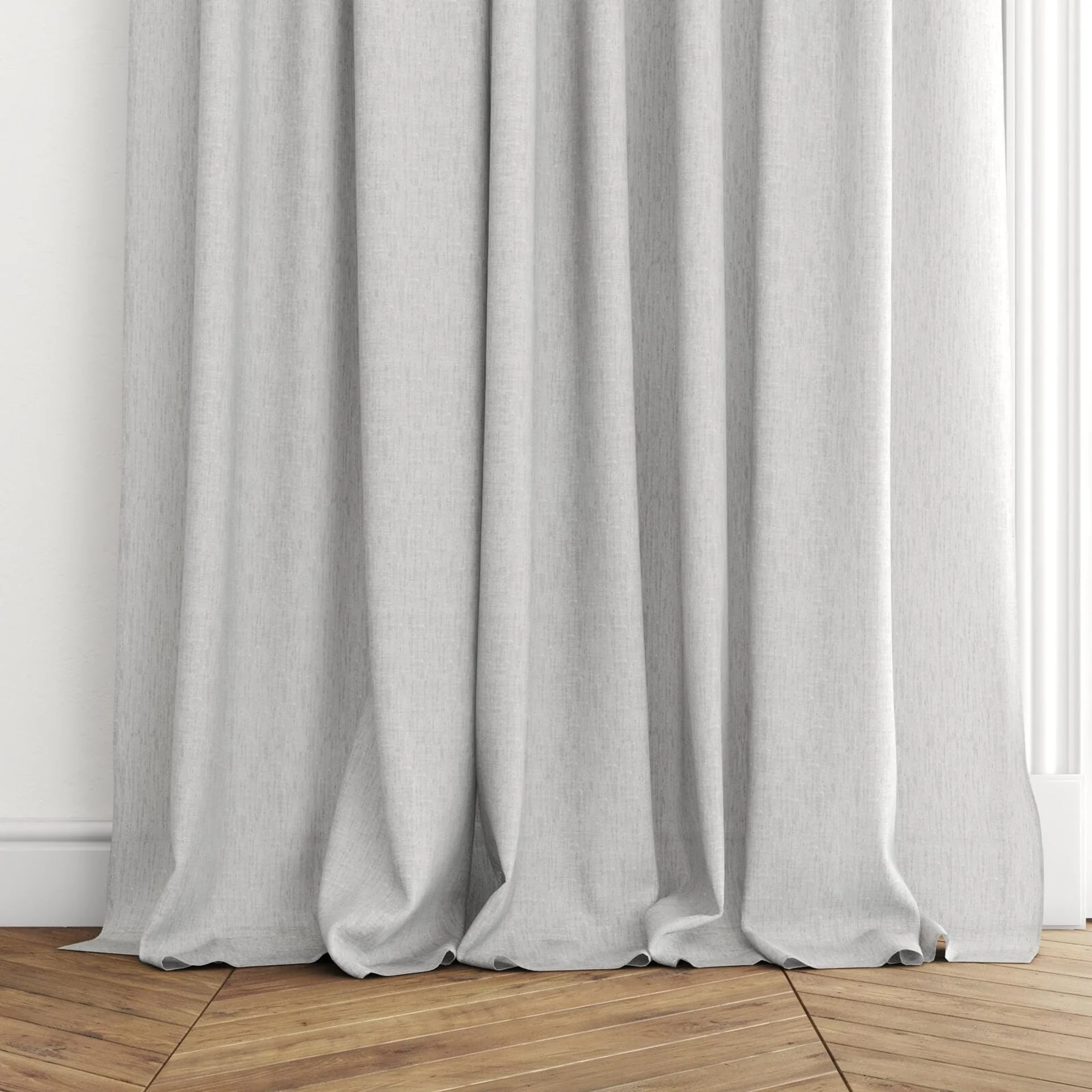 Bottom view of Shoji Dove Grey, puddled with pinch pleat, on curtain rod