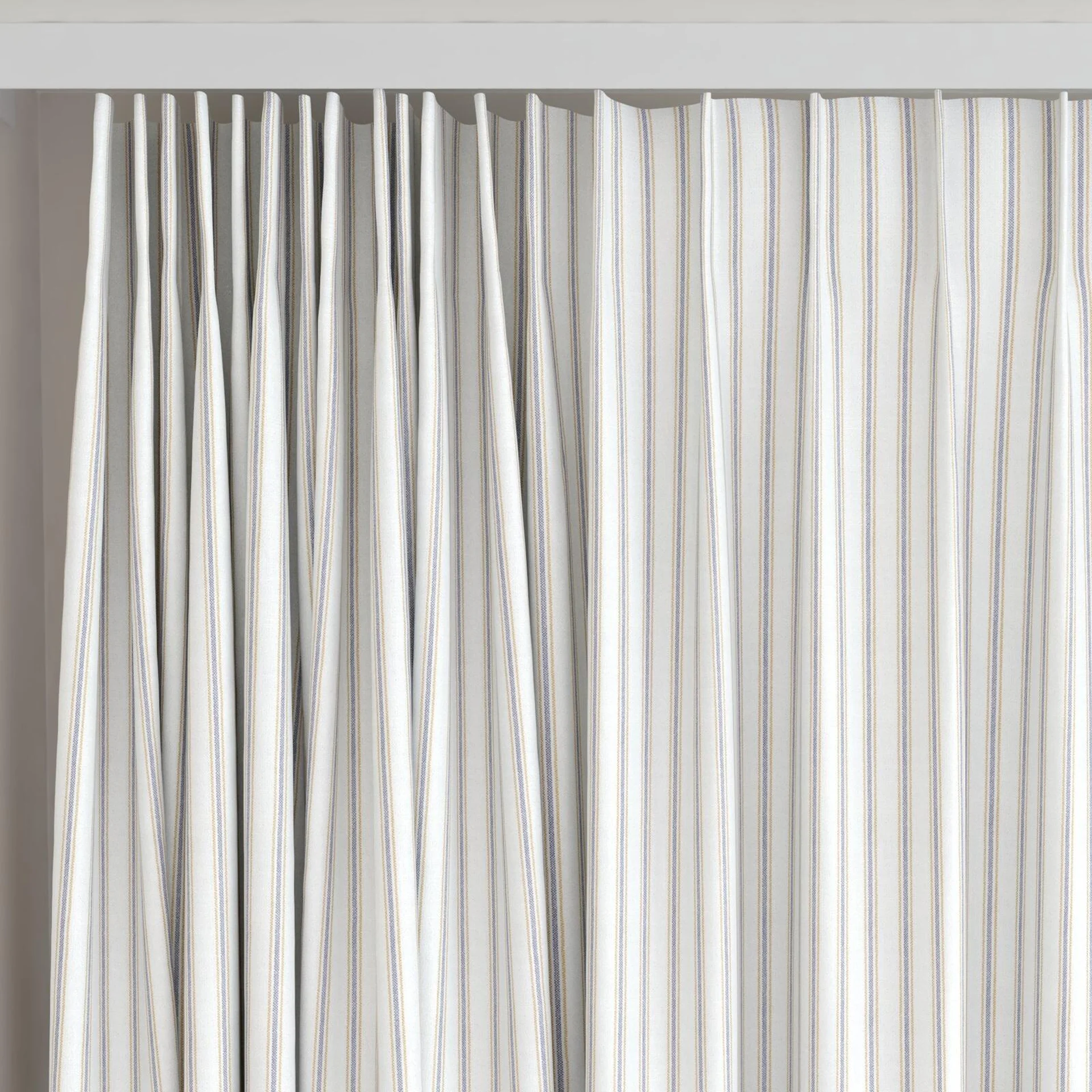 Top view of Chambray Ticking Denim, on curtain rail