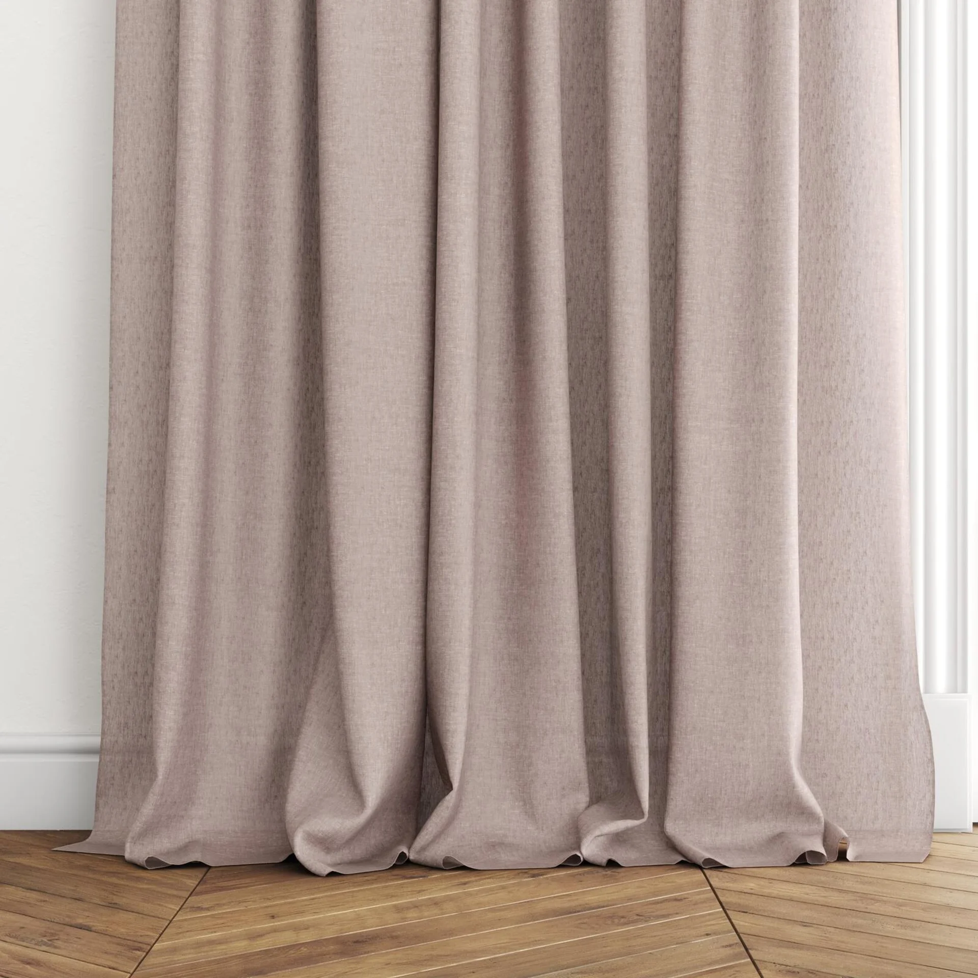 Bottom view of Rhyme Plum, puddled with pinch pleat, on curtain rod