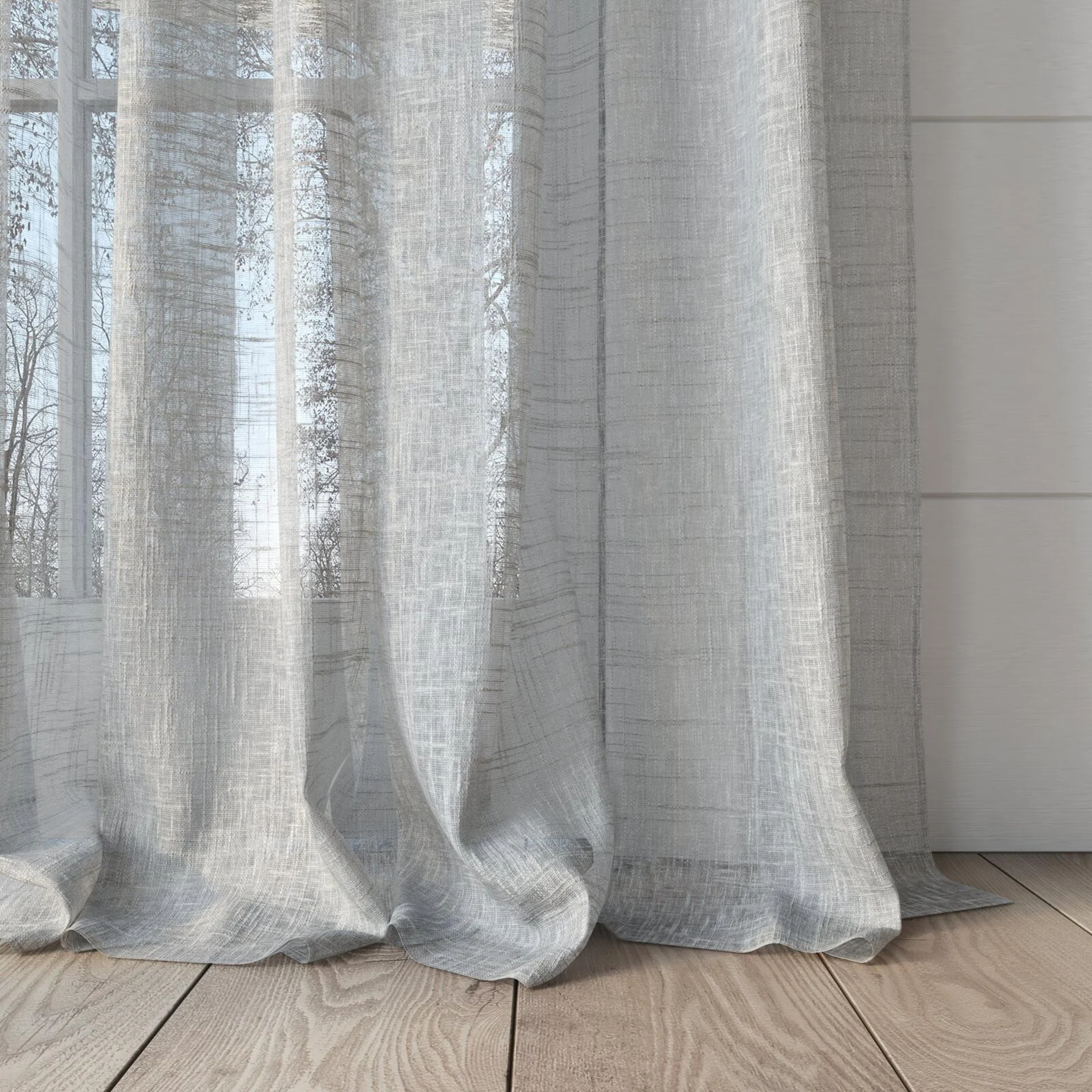 Bottom view of Beech Silver Birch, puddled, on curtain rod