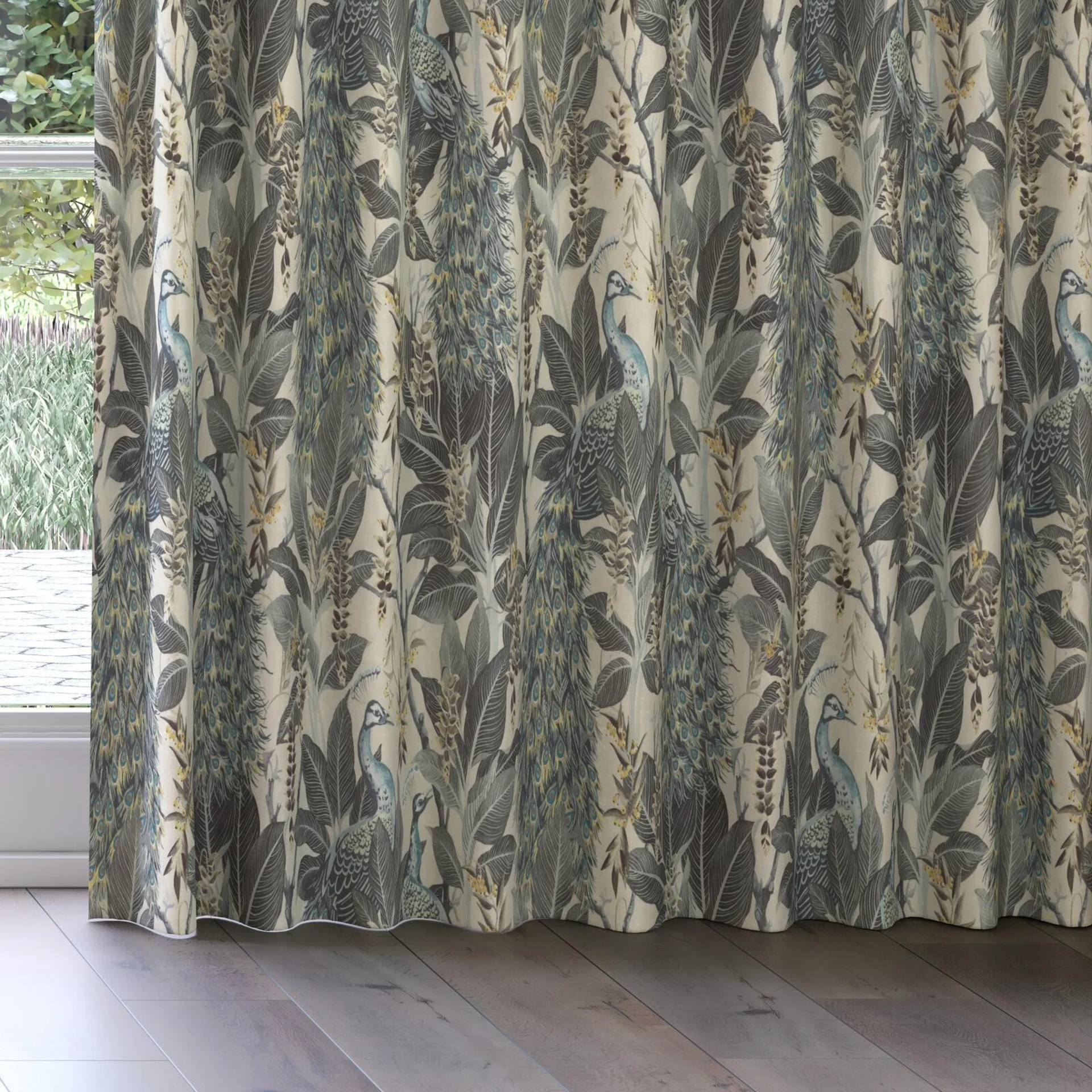 Bottom view of Royal Peacock Vintage White, on curtain rail