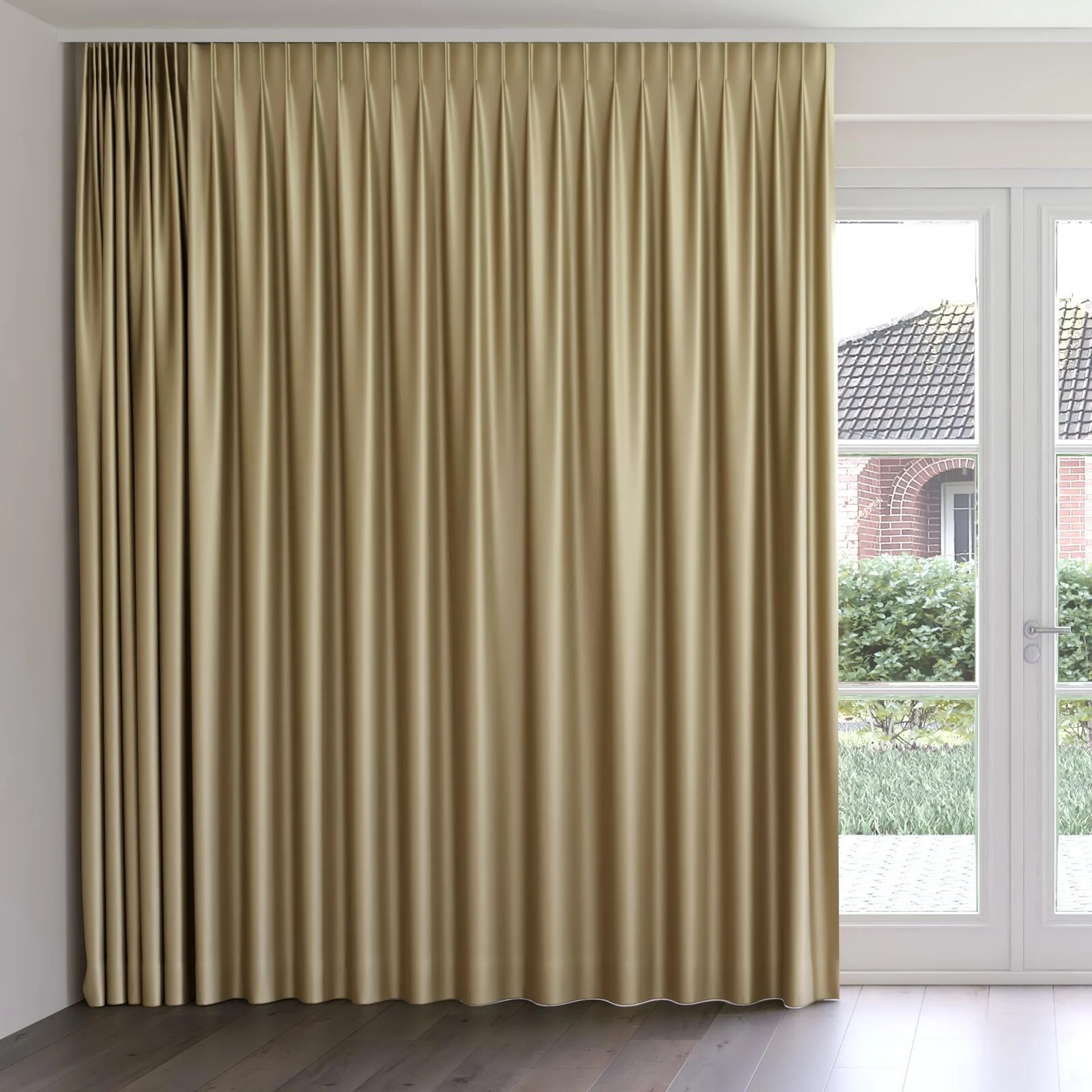 Front view of Moonbeam Oatmeal, on curtain rail