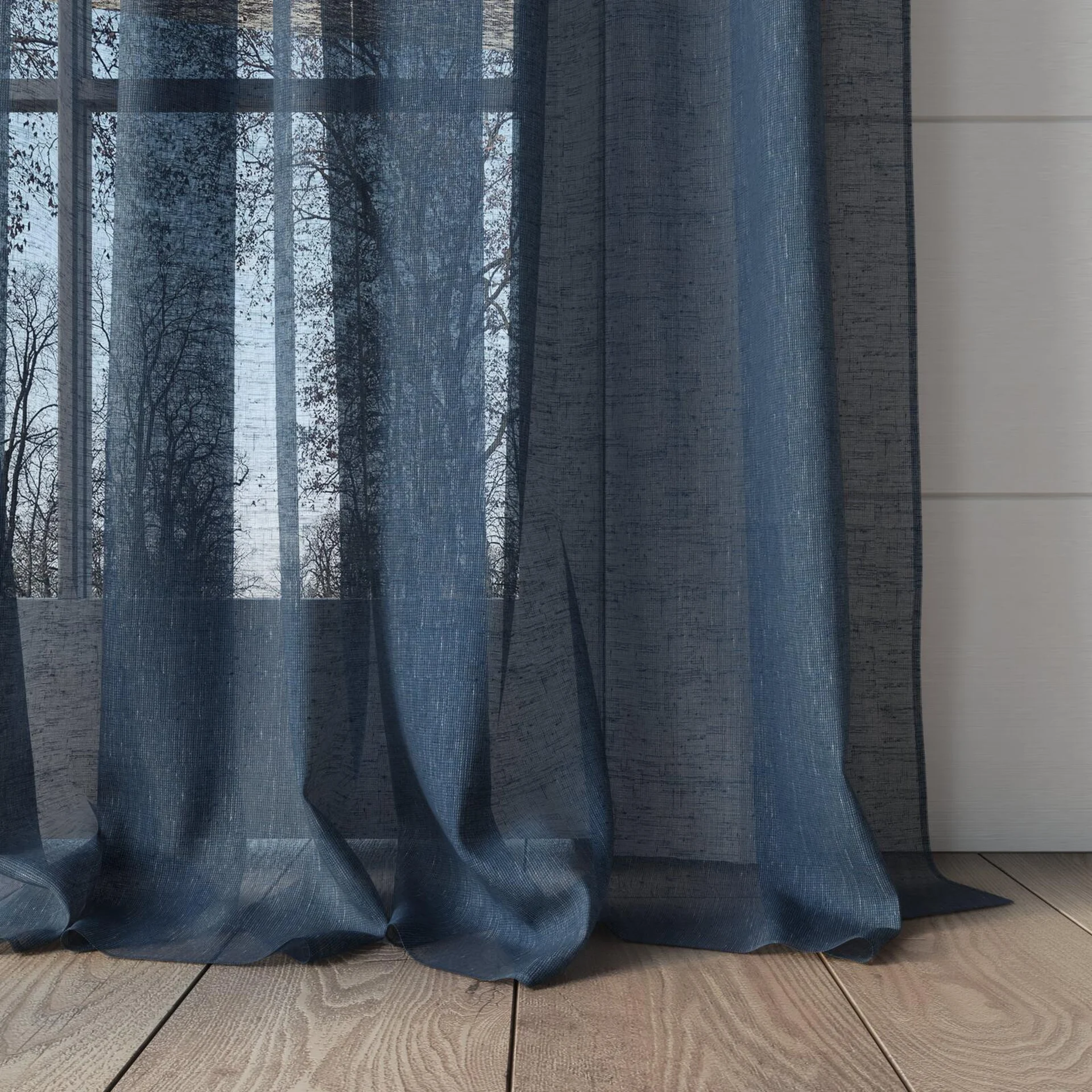 Bottom view of Graceful Denim, puddled, on curtain rod